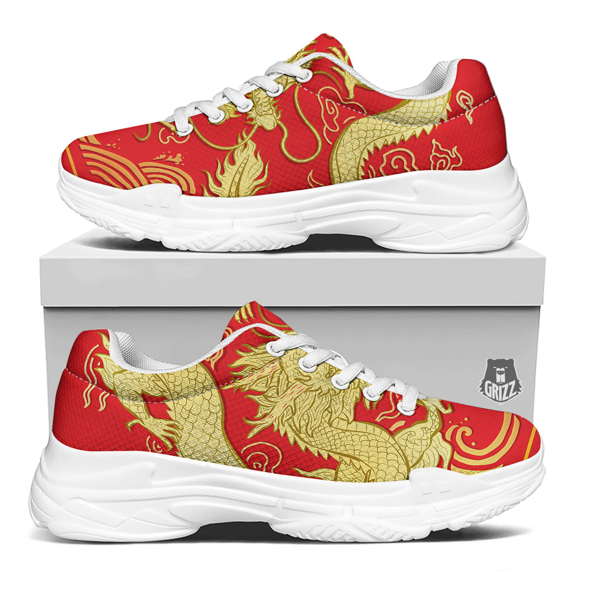 Zodiac Sign Chinese Dragon Print White Chunky Shoes-grizzshop