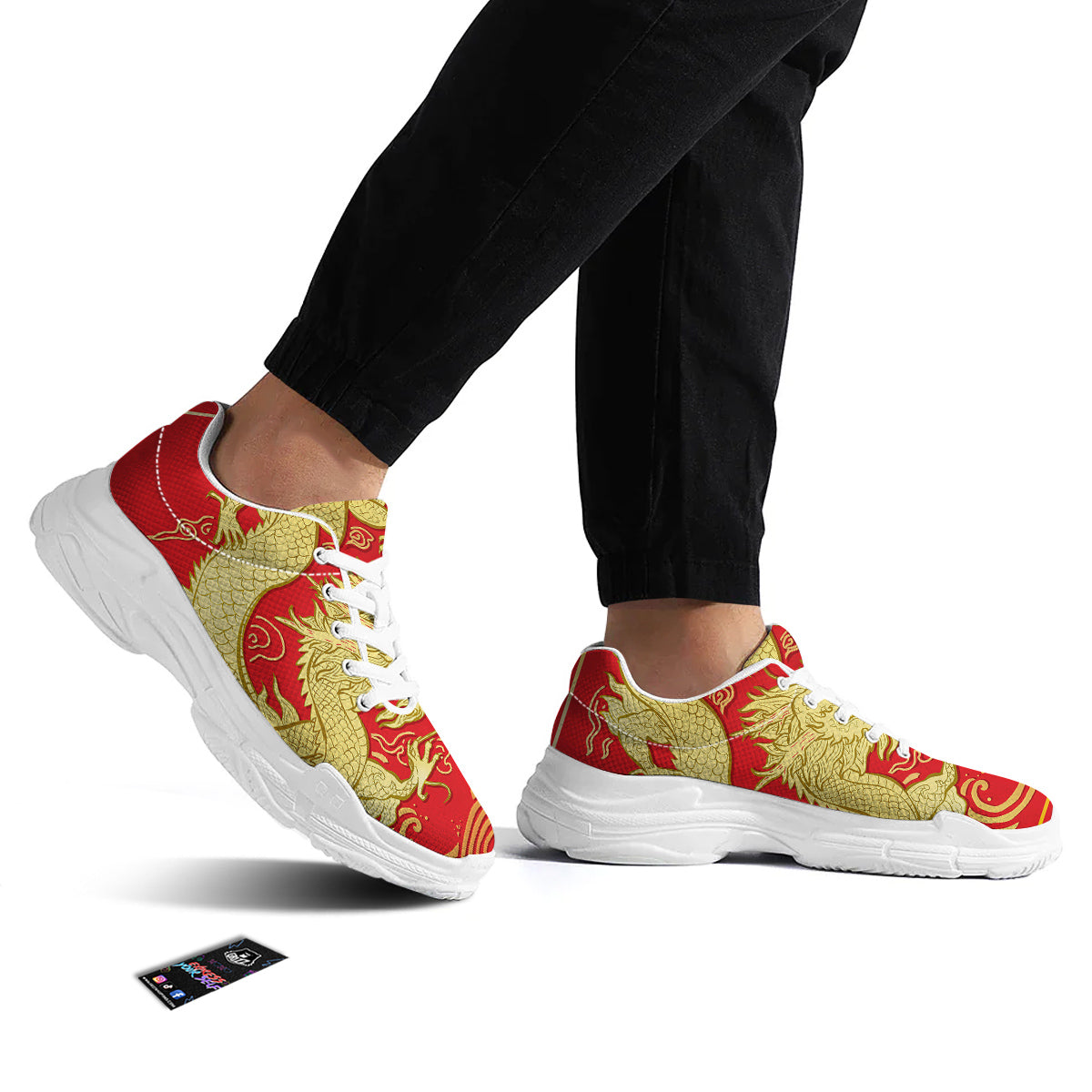 Zodiac Sign Chinese Dragon Print White Chunky Shoes-grizzshop