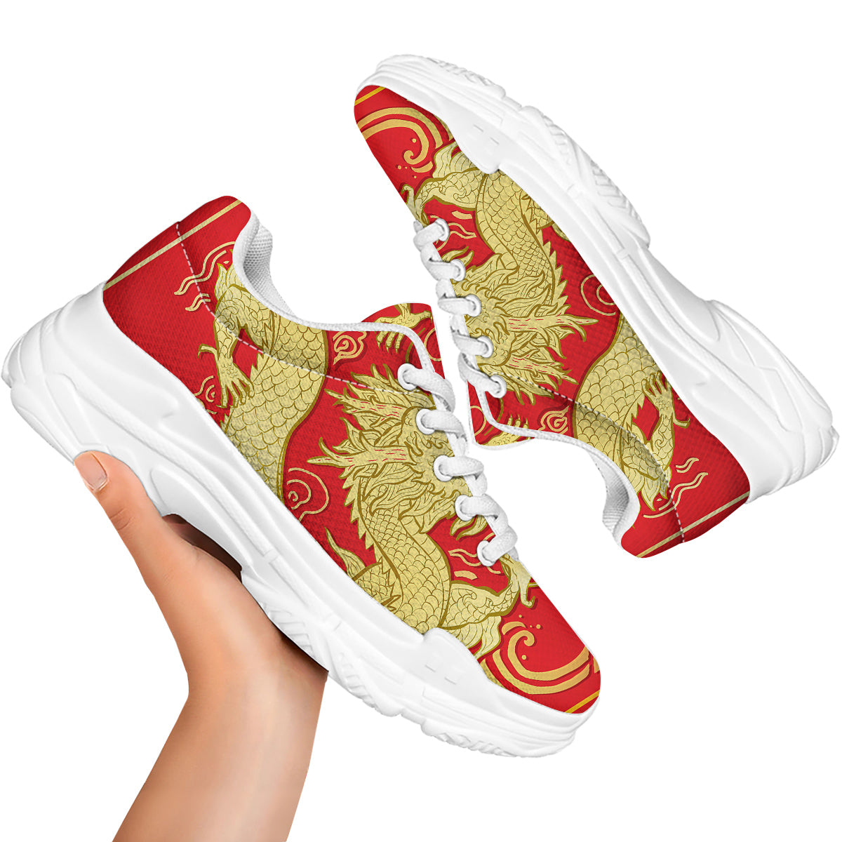 Zodiac Sign Chinese Dragon Print White Chunky Shoes-grizzshop