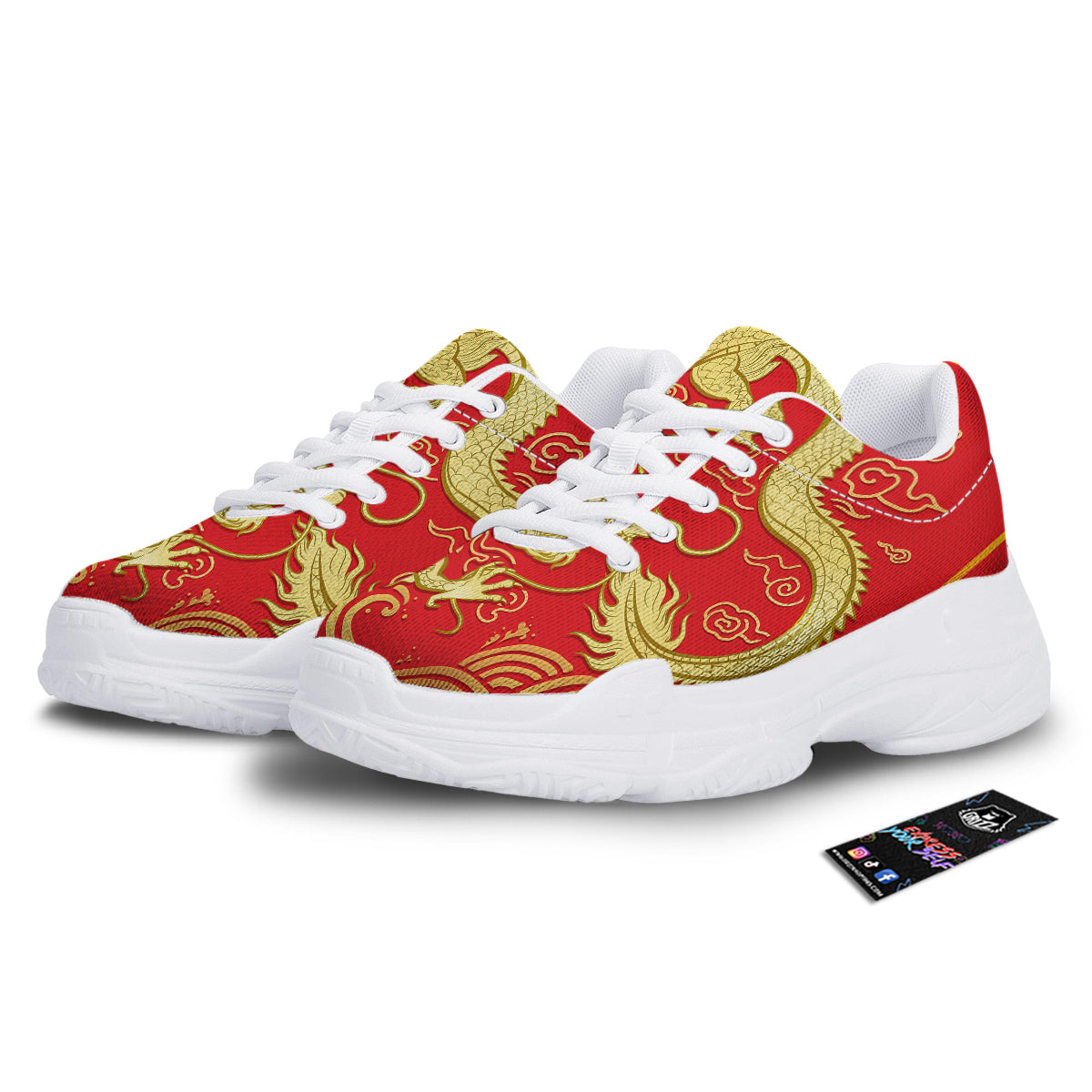 Zodiac Sign Chinese Dragon Print White Chunky Shoes-grizzshop