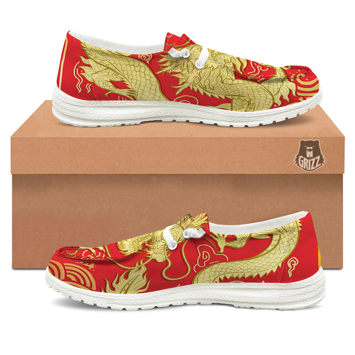 Zodiac Sign Chinese Dragon Print White Loafers-grizzshop
