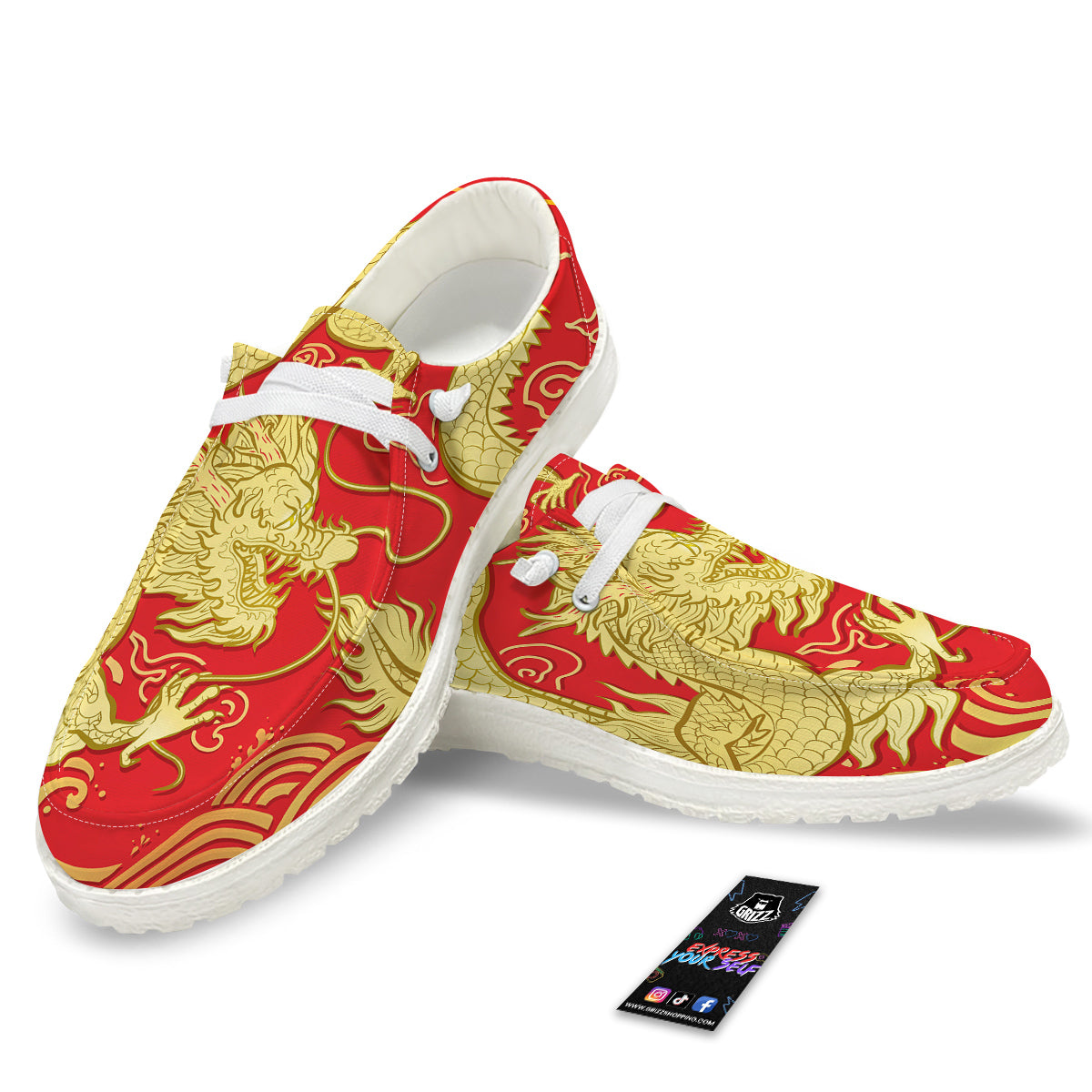 Zodiac Sign Chinese Dragon Print White Loafers-grizzshop