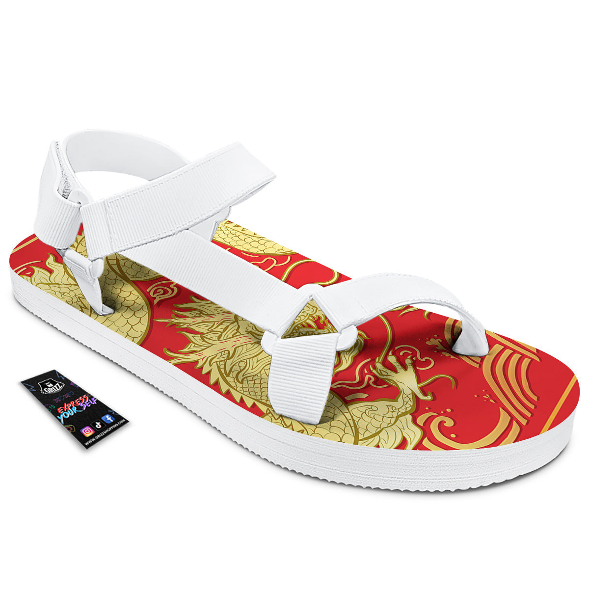 Zodiac Sign Chinese Dragon Print White Open Toe Sandals-grizzshop