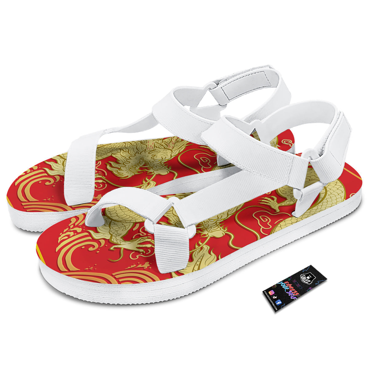 Zodiac Sign Chinese Dragon Print White Open Toe Sandals-grizzshop