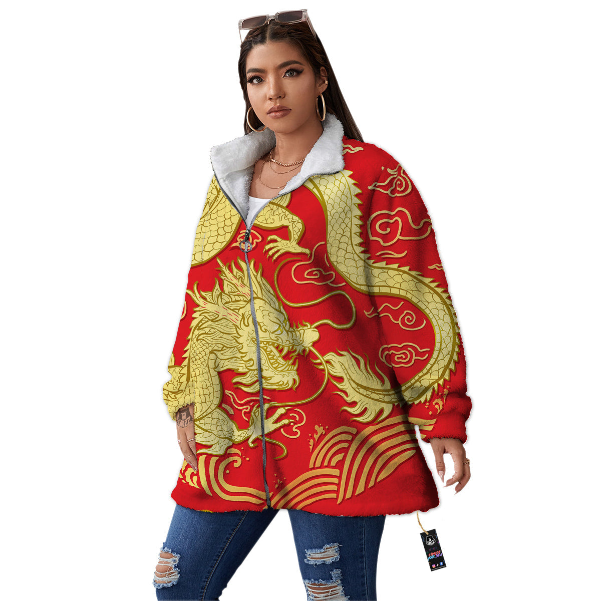 Zodiac Sign Chinese Dragon Print Women's Sherpa Jacket-grizzshop
