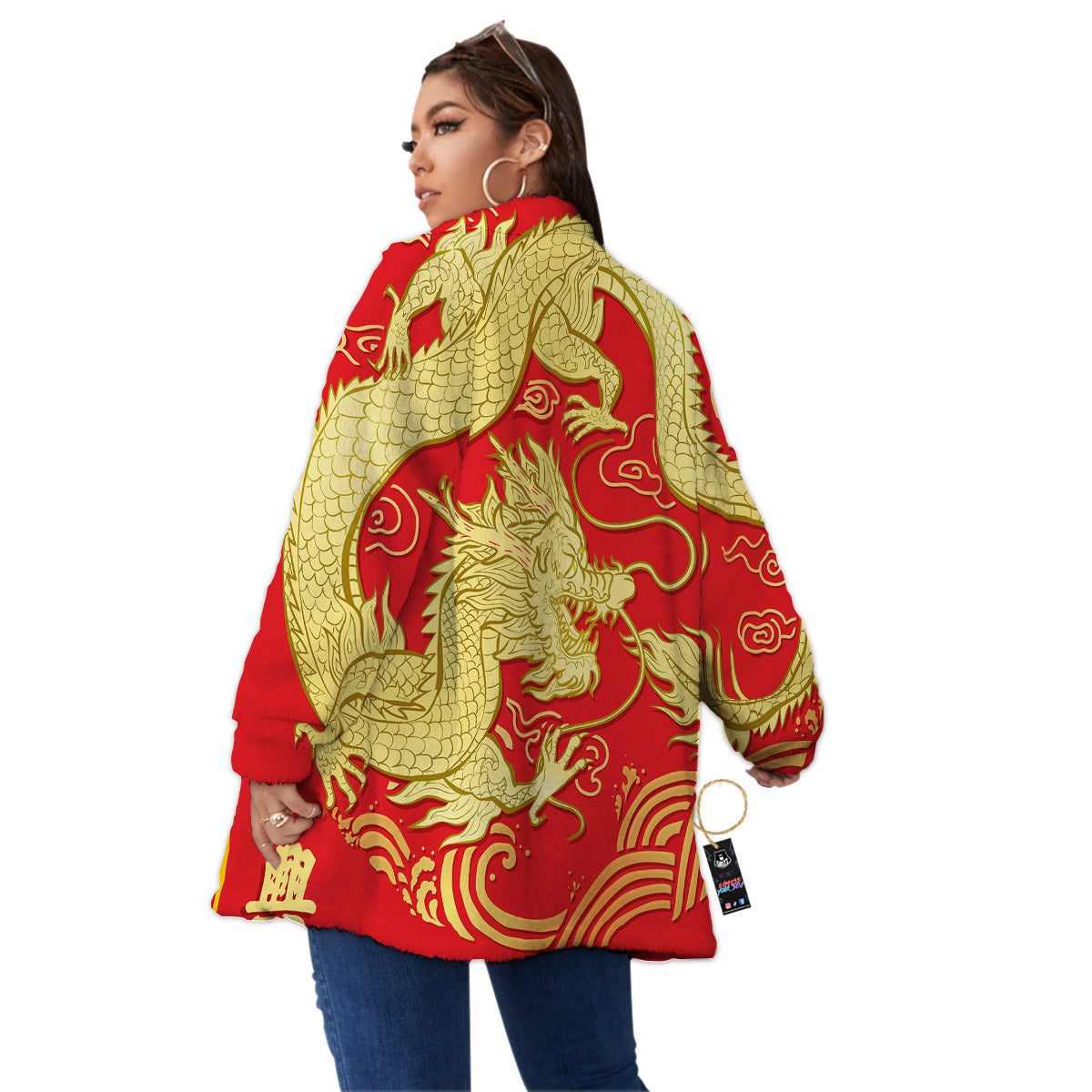 Zodiac Sign Chinese Dragon Print Women's Sherpa Jacket-grizzshop