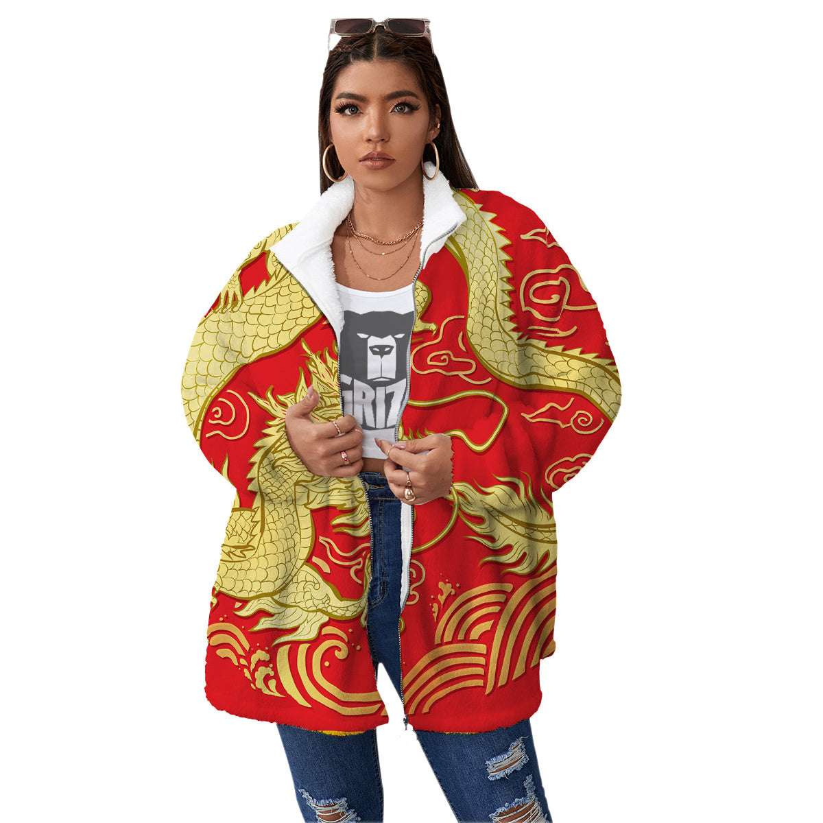 Zodiac Sign Chinese Dragon Print Women's Sherpa Jacket-grizzshop
