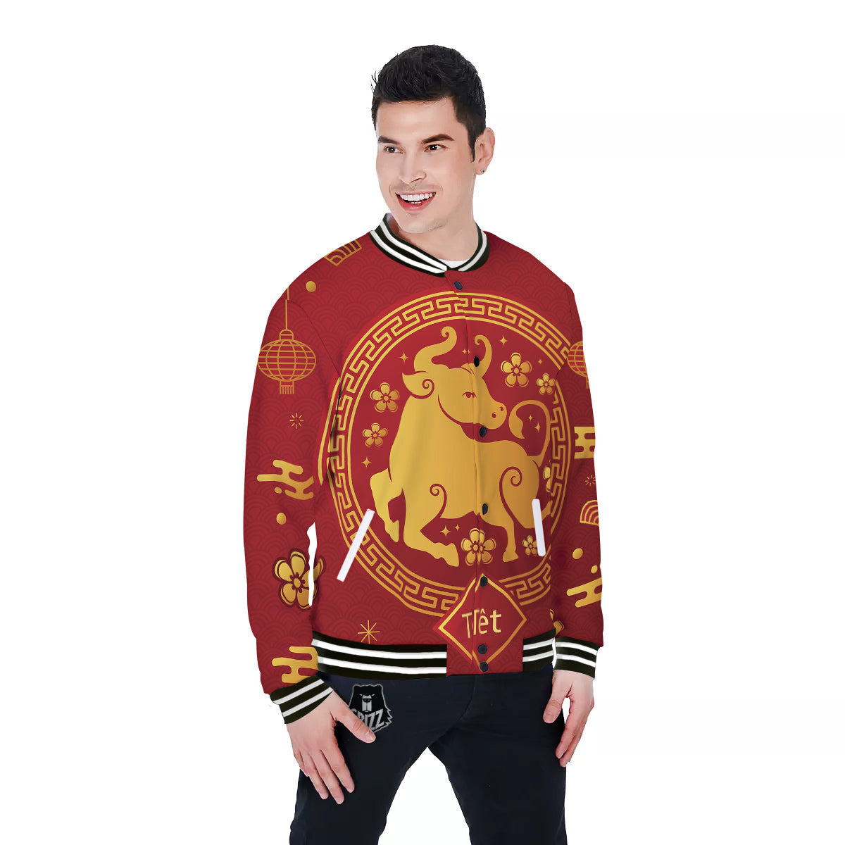 Zodiac Sign Chinese Ox Print Baseball Jacket-grizzshop