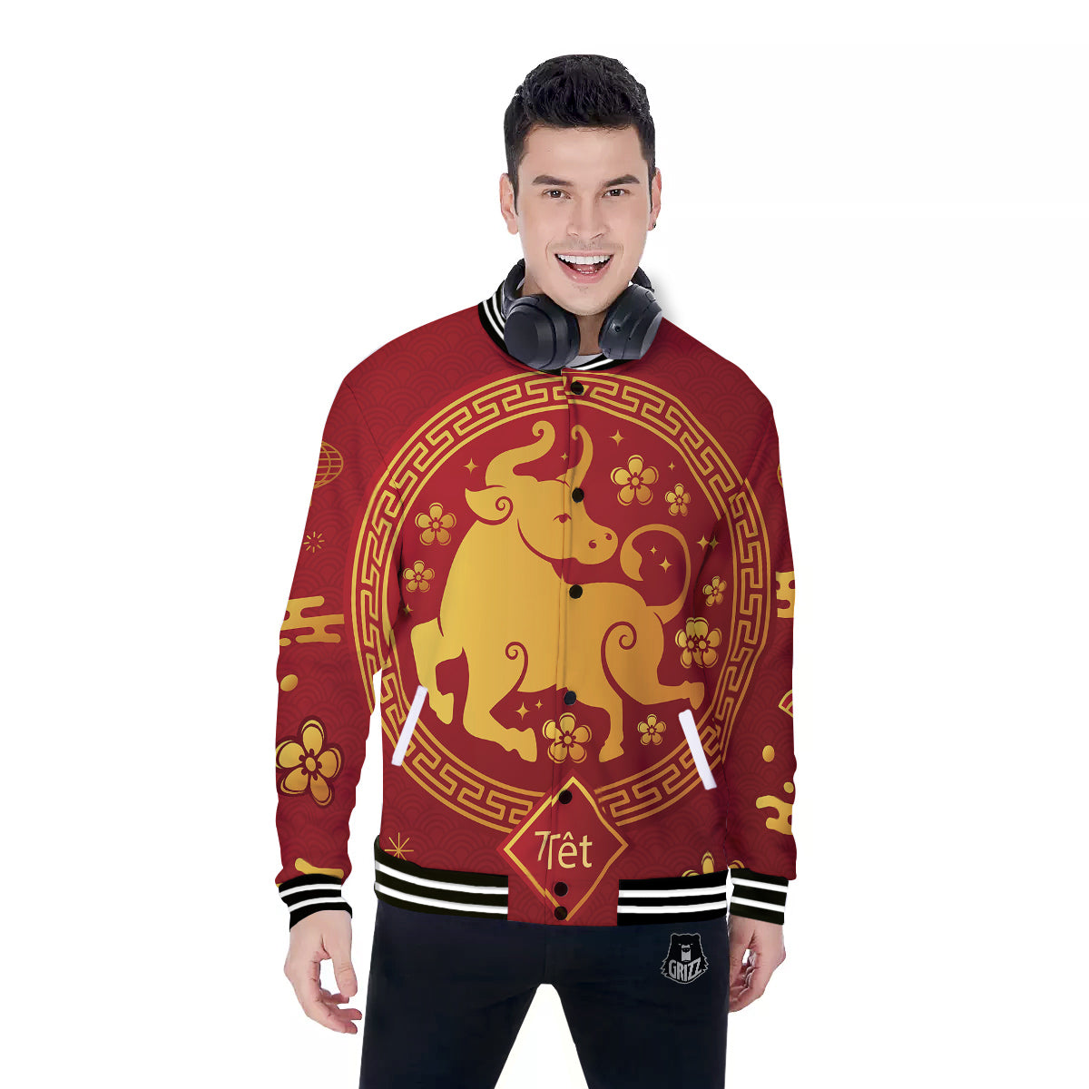 Zodiac Sign Chinese Ox Print Baseball Jacket-grizzshop