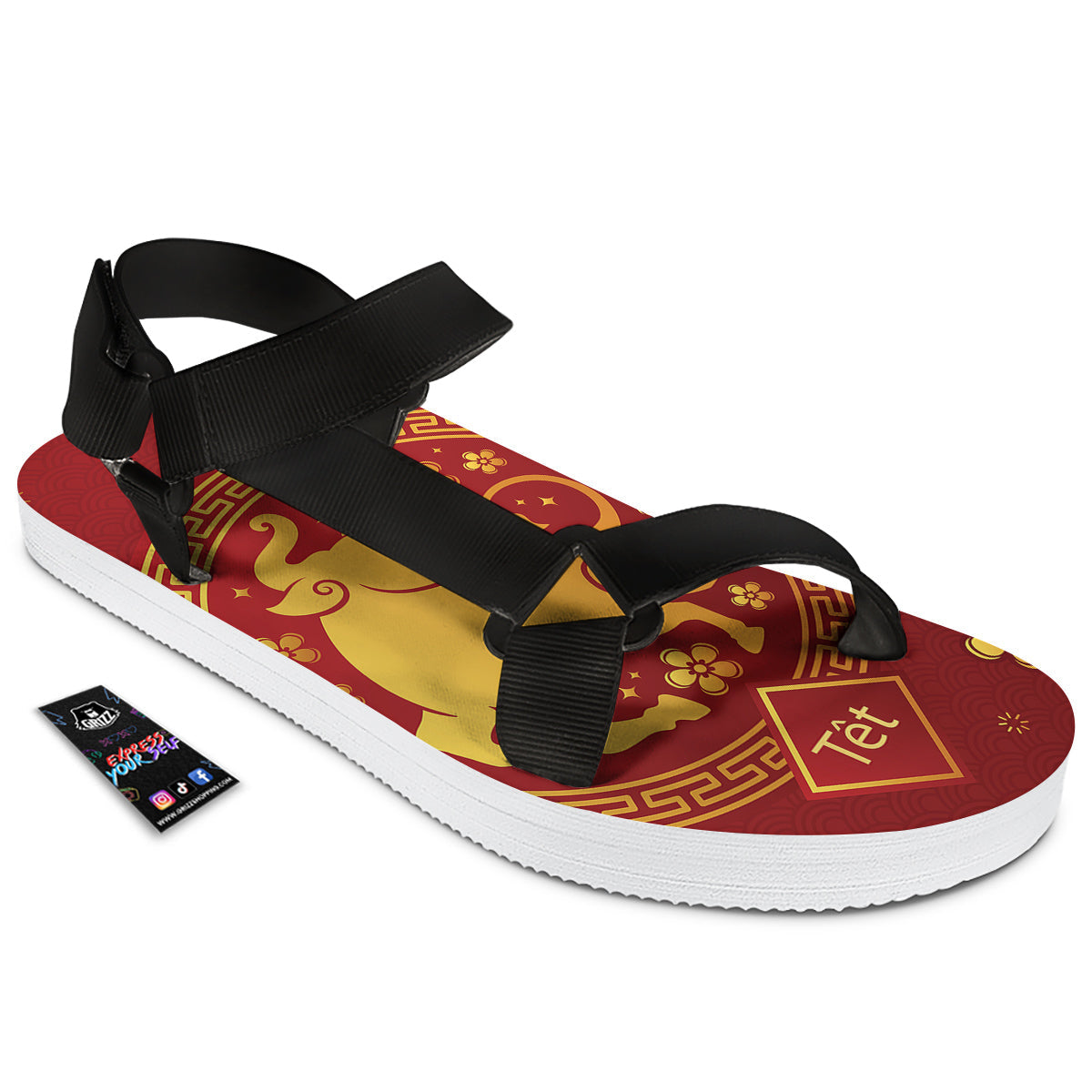 Zodiac Sign Chinese Ox Print Black Open Toe Sandals-grizzshop