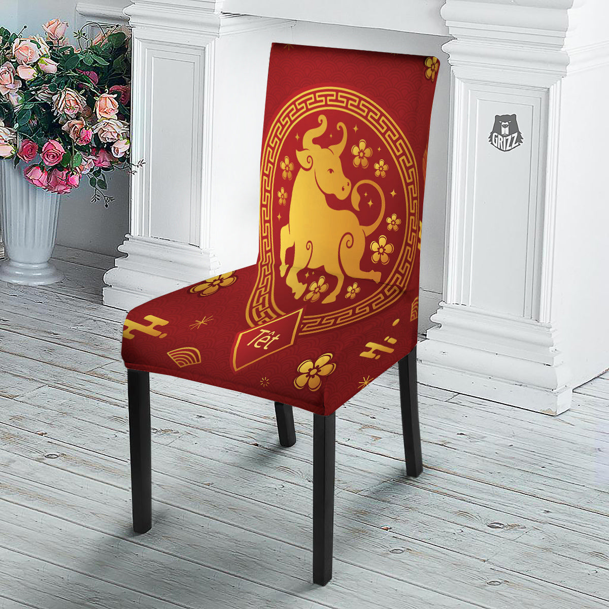 Zodiac Sign Chinese Ox Print Dining Chair Slipcover-grizzshop