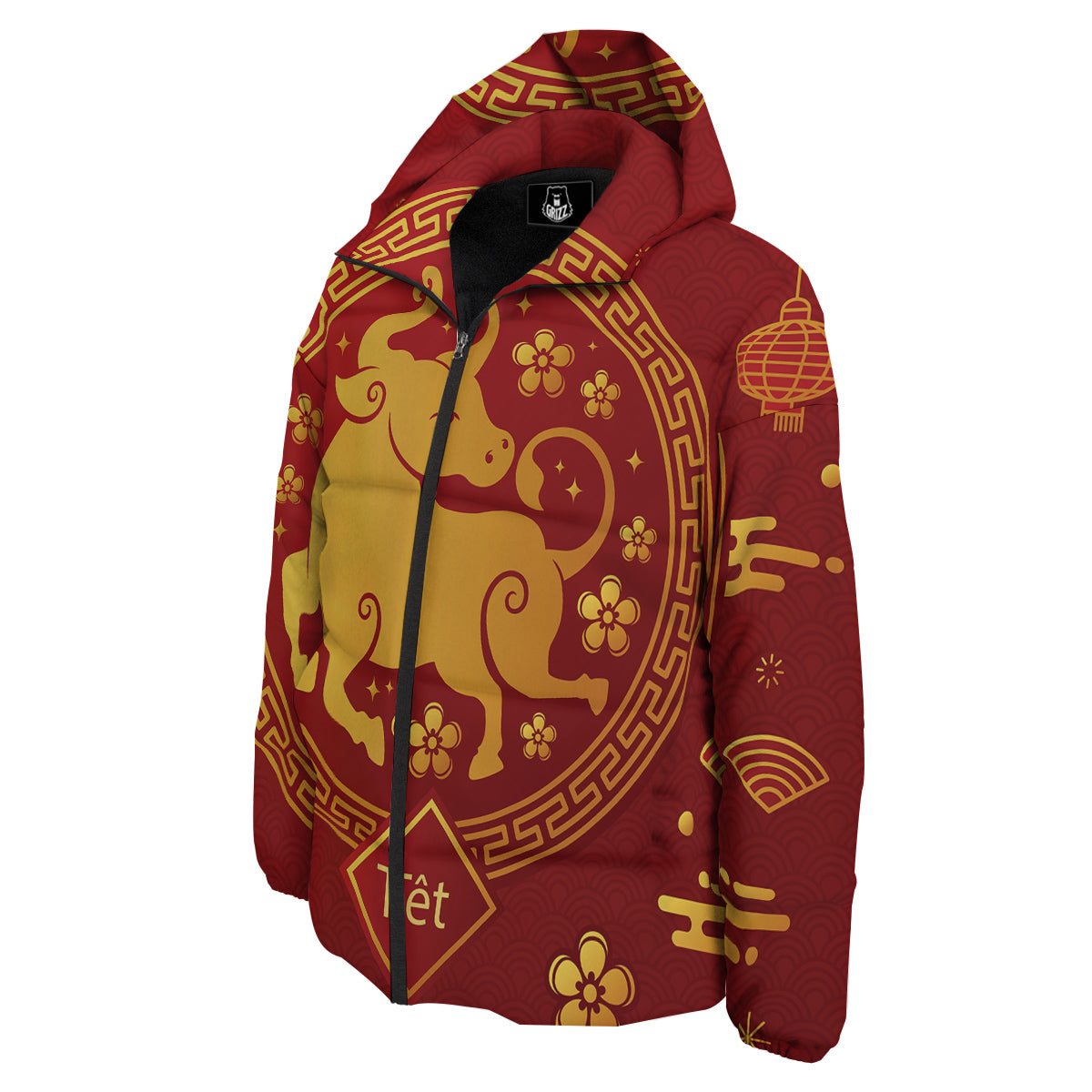 Zodiac Sign Chinese Ox Print Down Jacket-grizzshop
