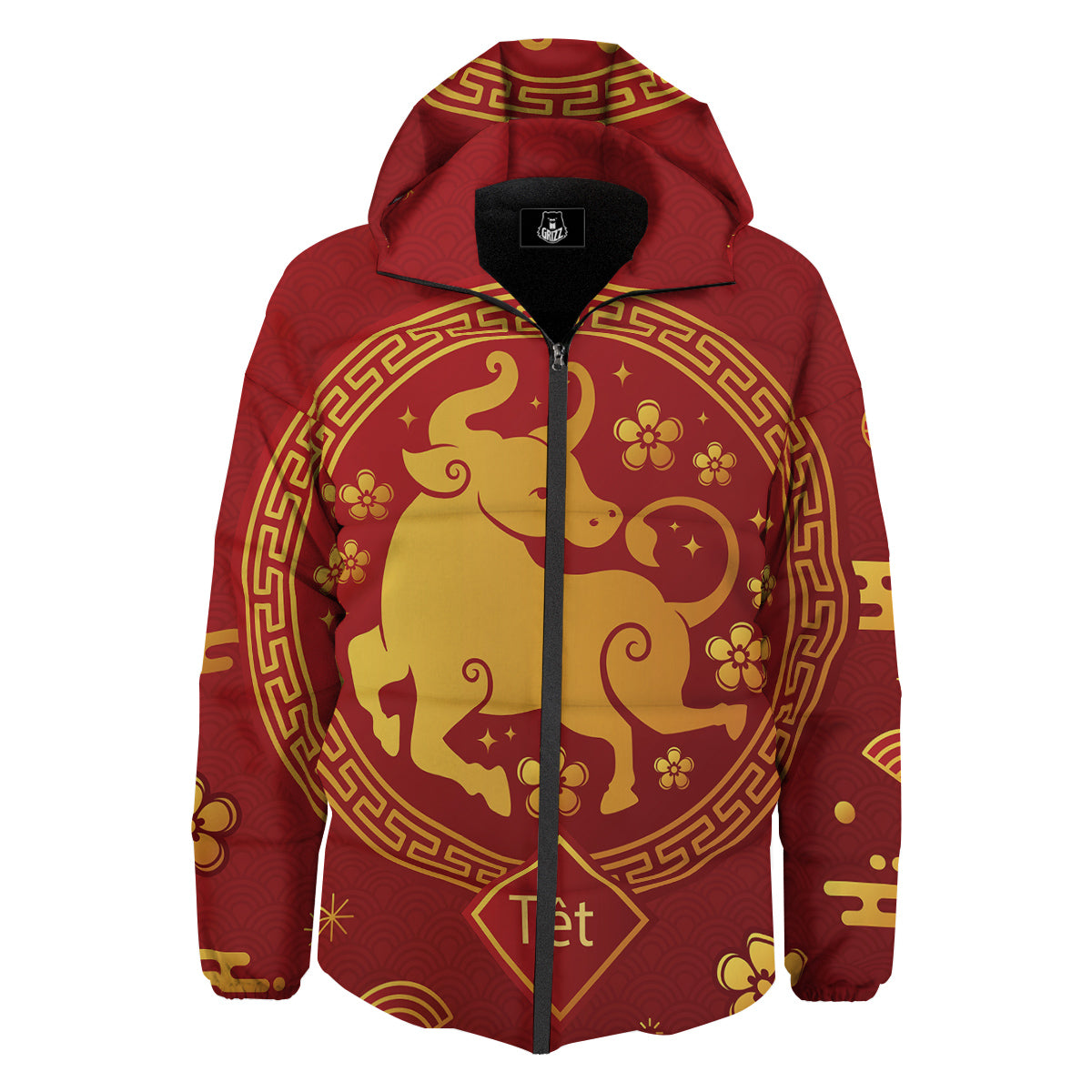 Zodiac Sign Chinese Ox Print Down Jacket-grizzshop