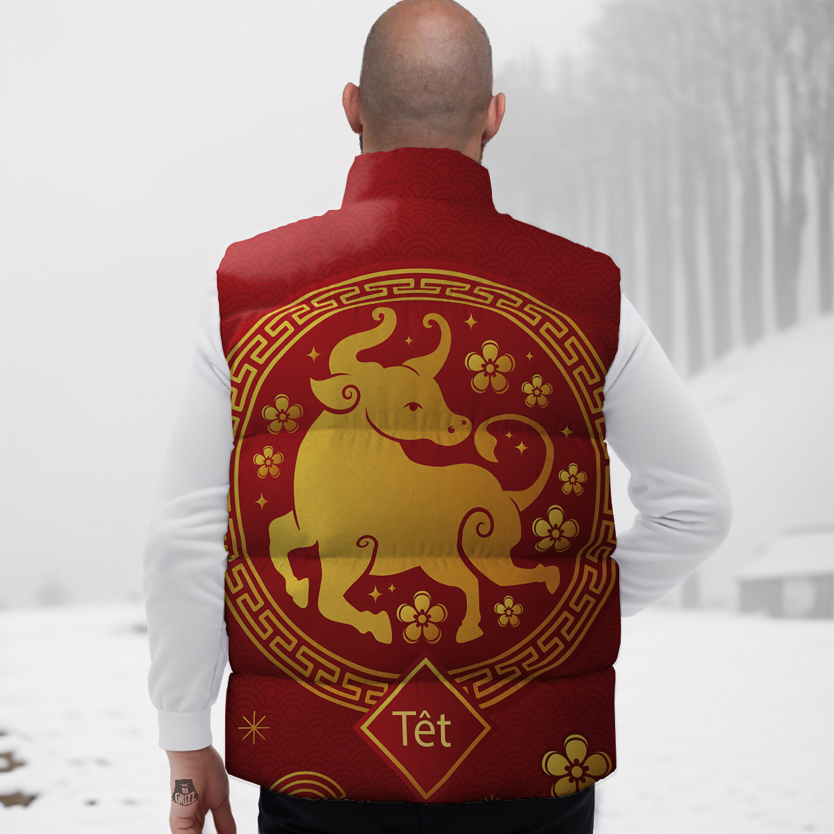 Zodiac Sign Chinese Ox Print Down Vest