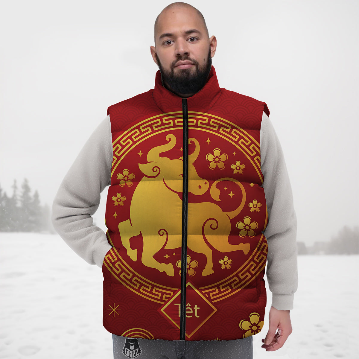 Zodiac Sign Chinese Ox Print Down Vest