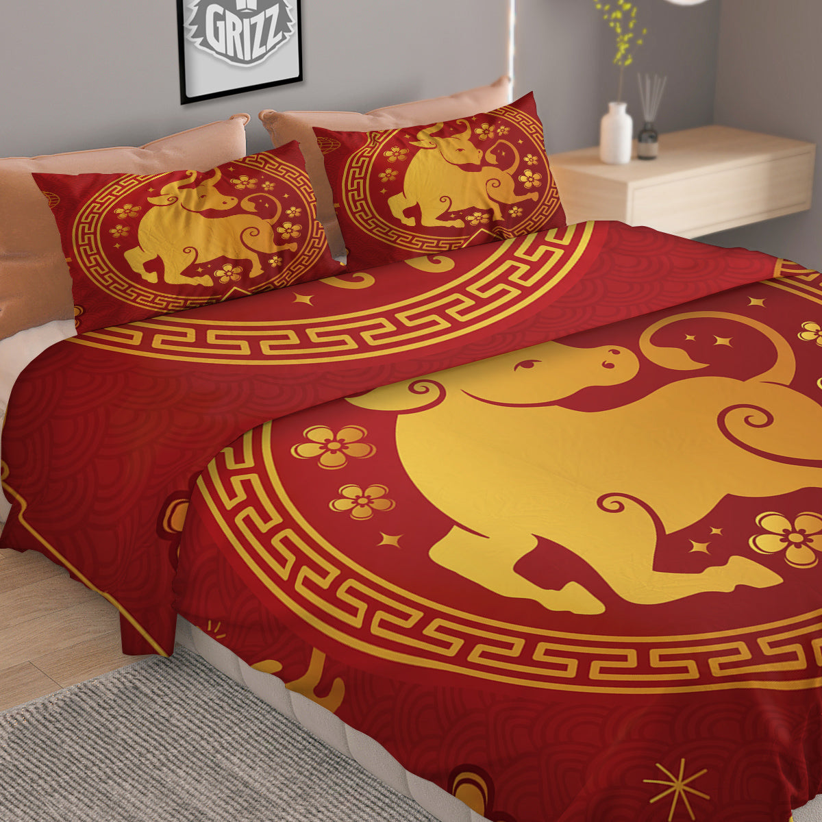 Zodiac Sign Chinese Ox Print Duvet Cover Bedding Set