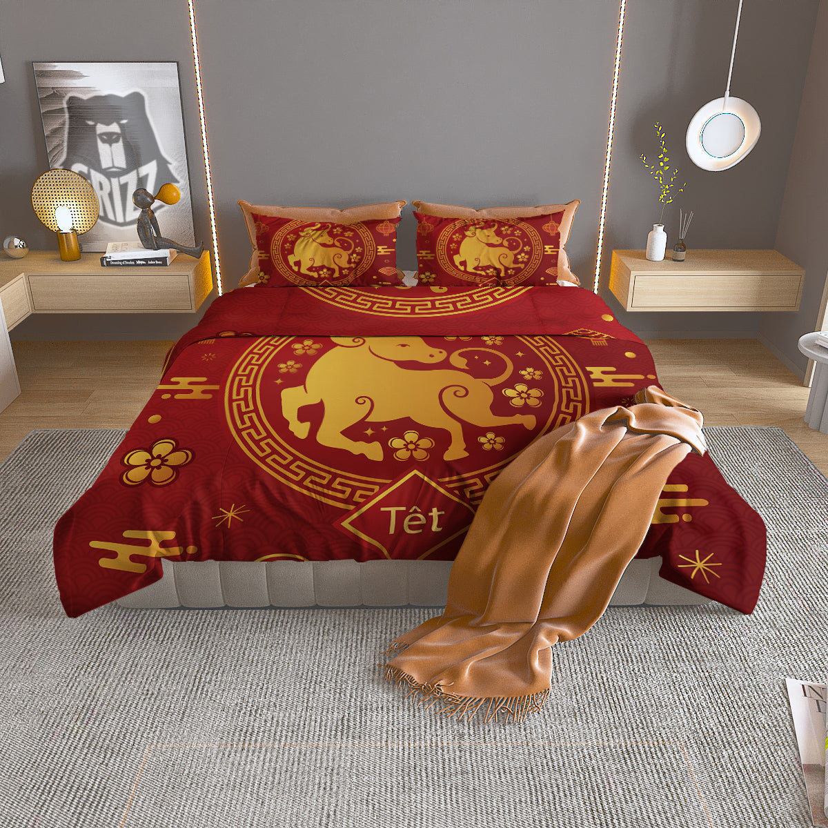 Zodiac Sign Chinese Ox Print Duvet Cover Bedding Set