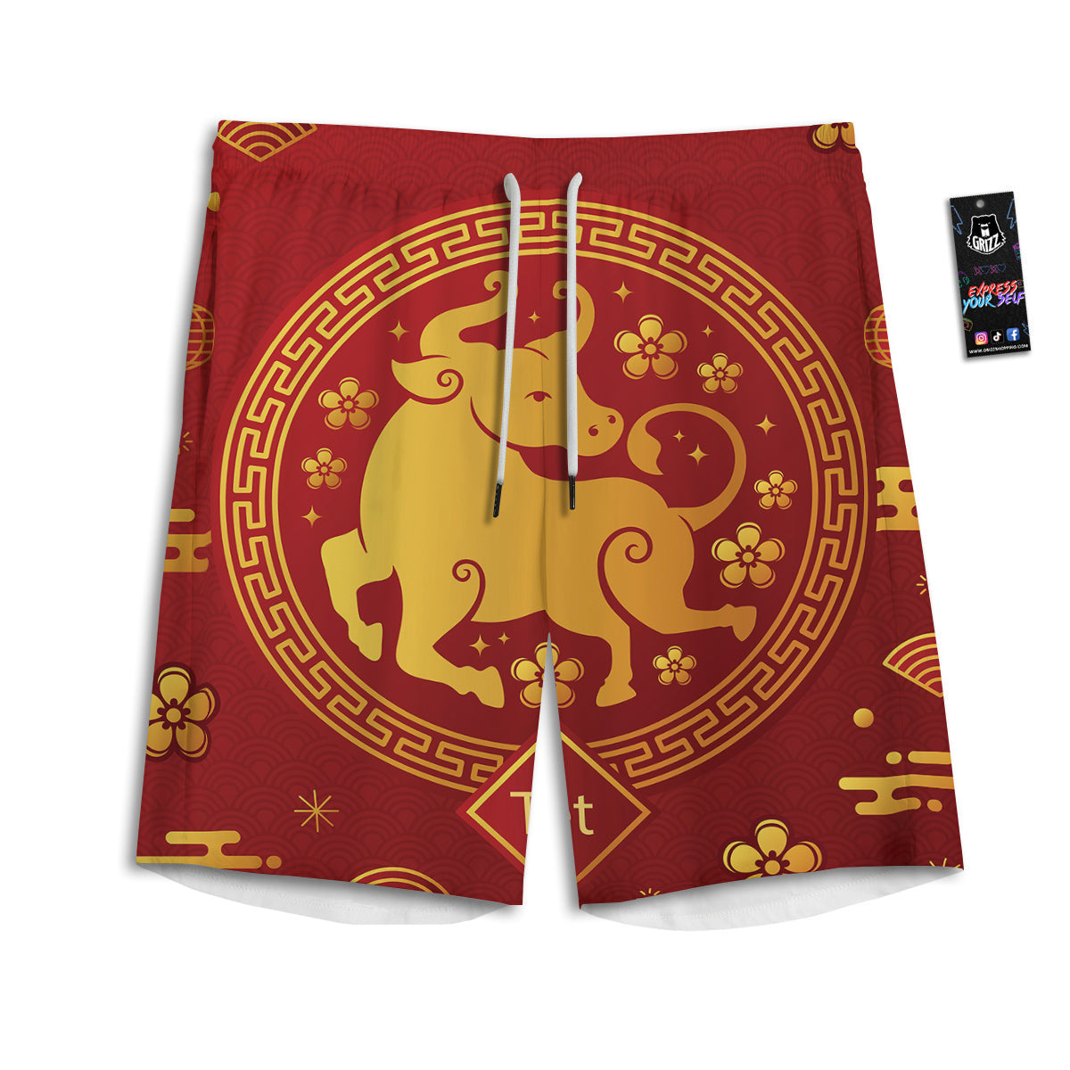Zodiac Sign Chinese Ox Print Men's Athletic Shorts