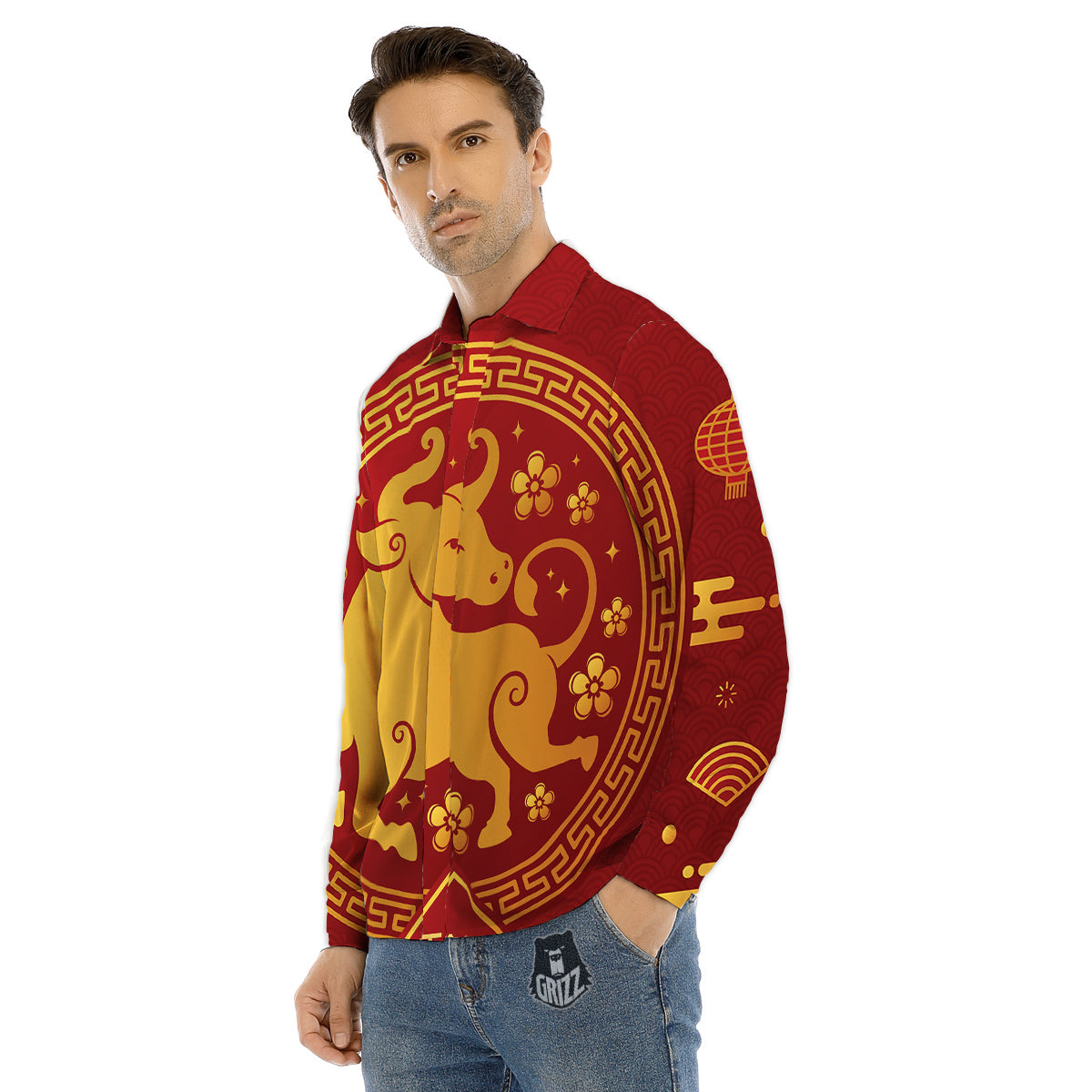 Zodiac Sign Chinese Ox Print Men's Dress Shirts-grizzshop