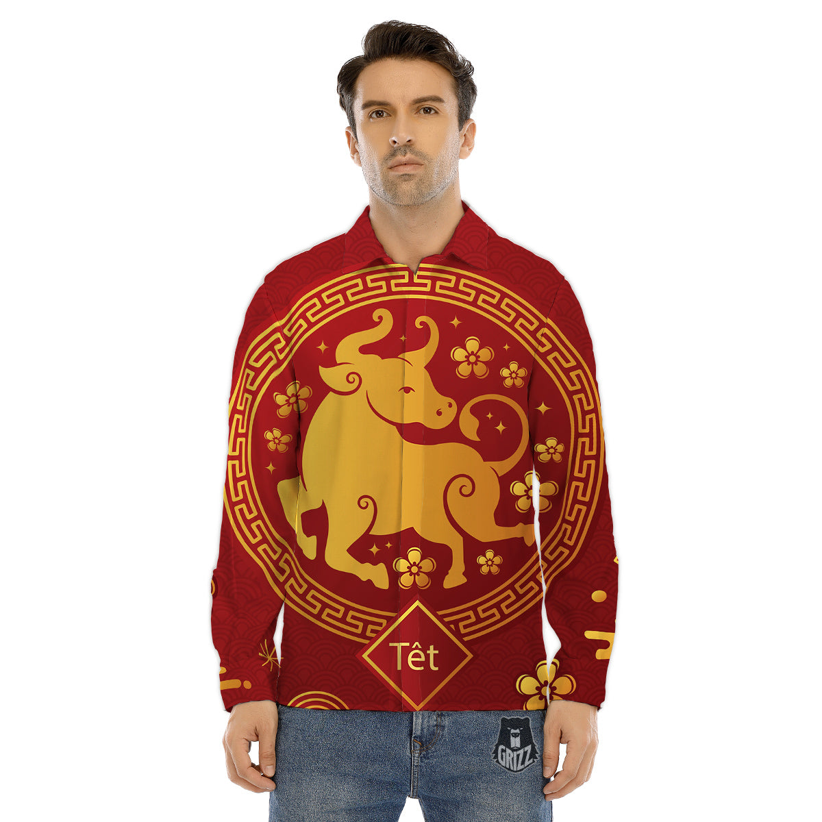 Zodiac Sign Chinese Ox Print Men's Dress Shirts-grizzshop