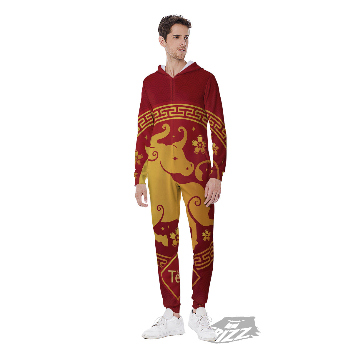 Zodiac Sign Chinese Ox Print Men's Jumpsuit-grizzshop