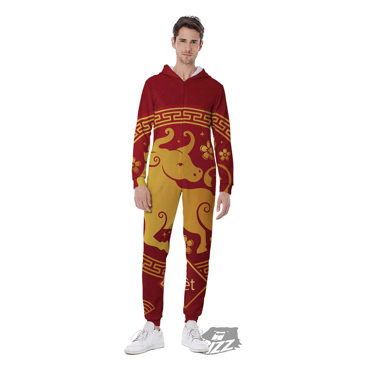 Zodiac Sign Chinese Ox Print Men's Jumpsuit-grizzshop