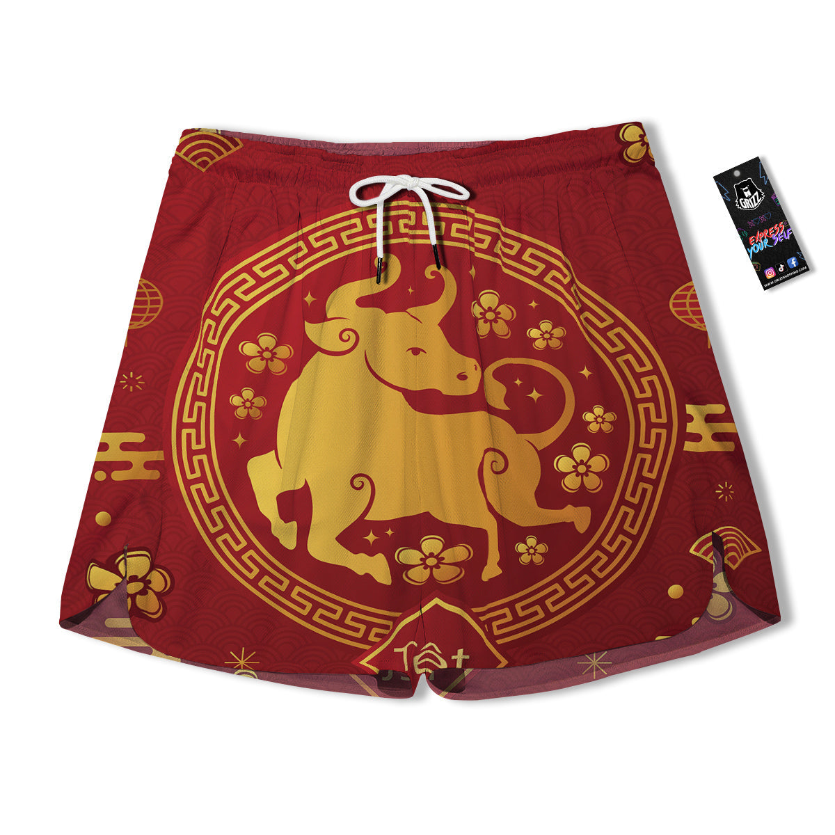 Zodiac Sign Chinese Ox Print Men's Running Shorts-grizzshop