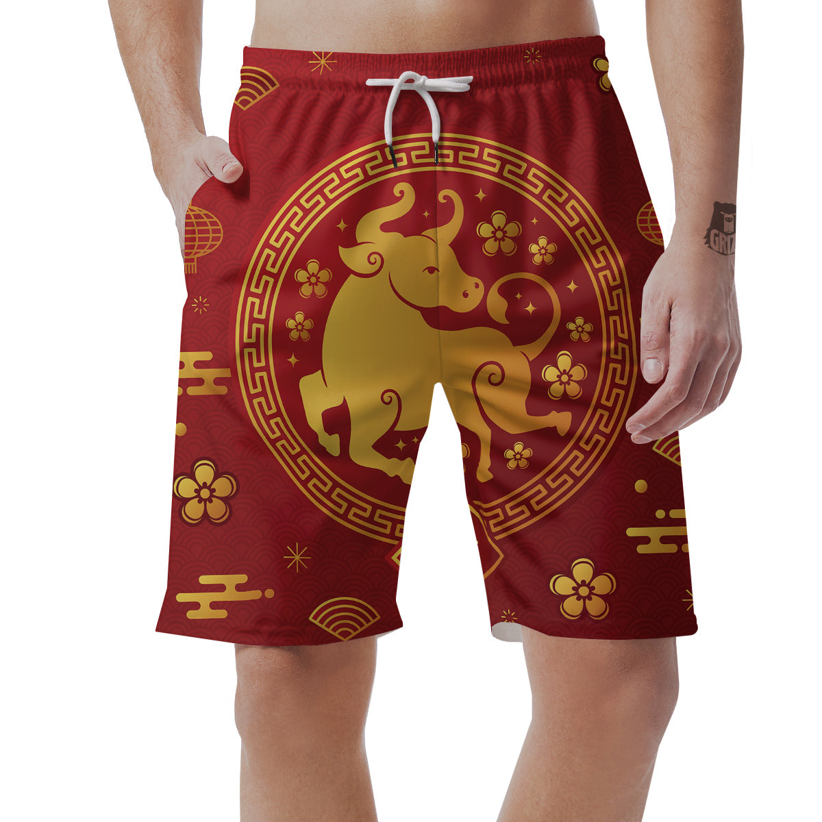 Zodiac Sign Chinese Ox Print Men's Shorts-grizzshop
