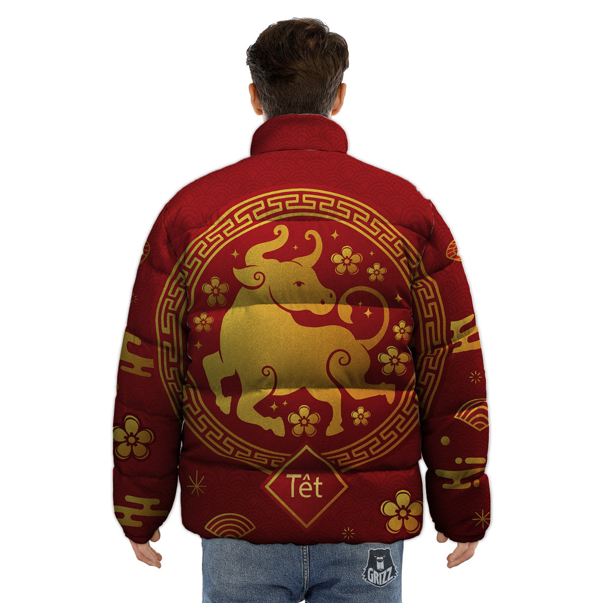 Zodiac Sign Chinese Ox Print Puffer Jacket-grizzshop