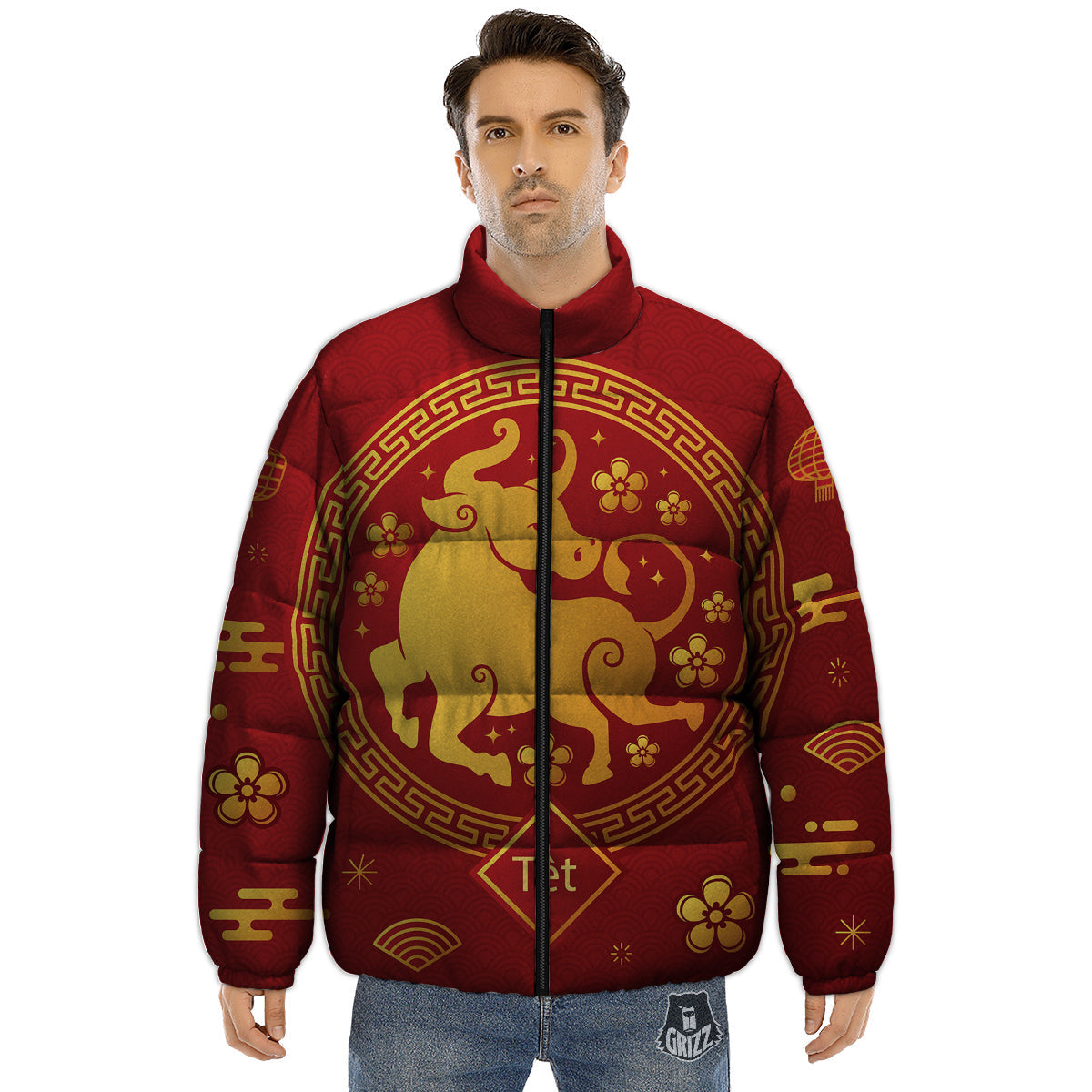 Zodiac Sign Chinese Ox Print Puffer Jacket-grizzshop