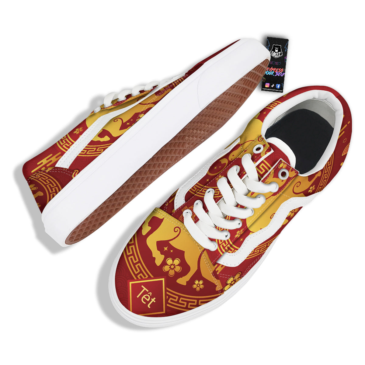 Zodiac Sign Chinese Ox Print Skate Shoes-grizzshop