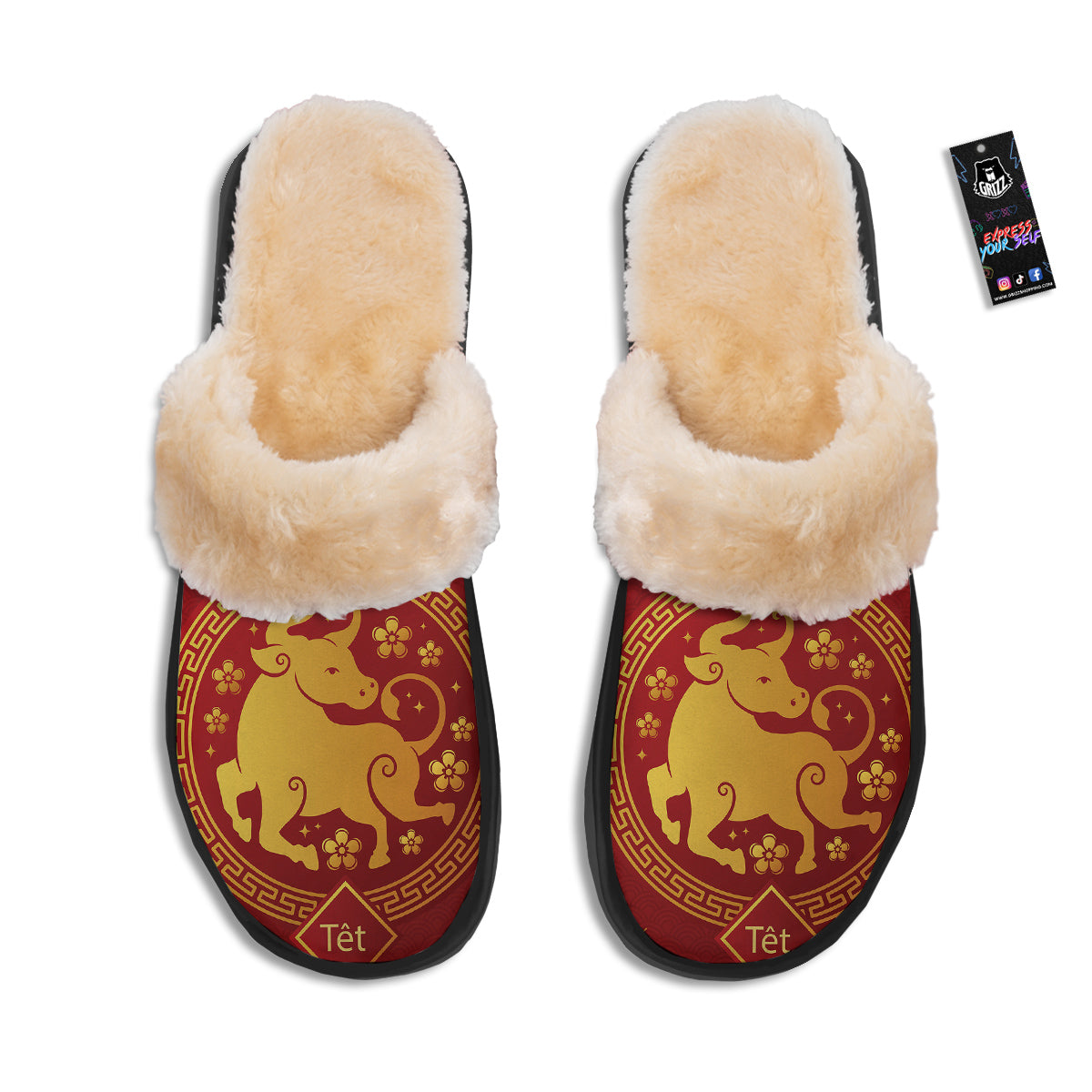 Zodiac Sign Chinese Ox Print Slippers-grizzshop