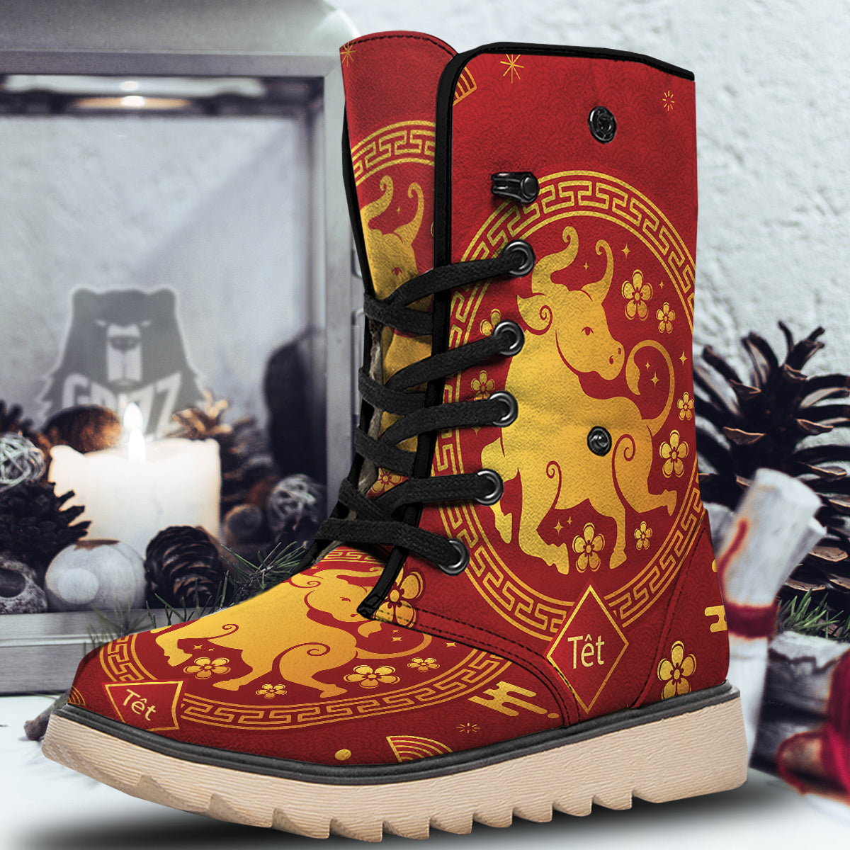 Zodiac Sign Chinese Ox Print Snow Boots-grizzshop