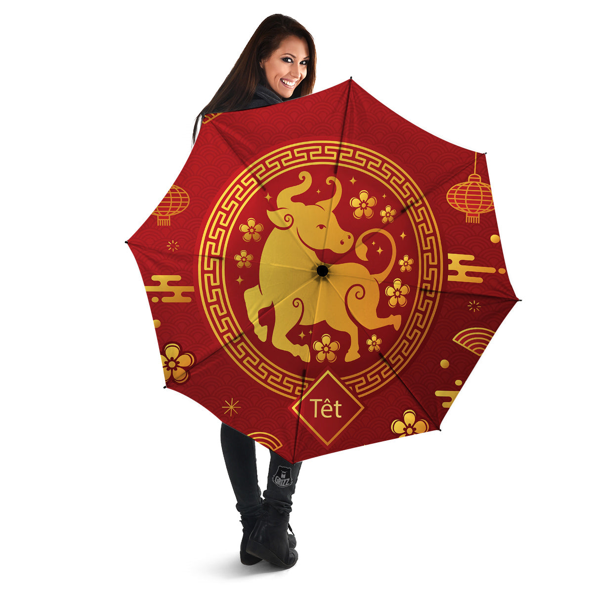 Zodiac Sign Chinese Ox Print Umbrella-grizzshop