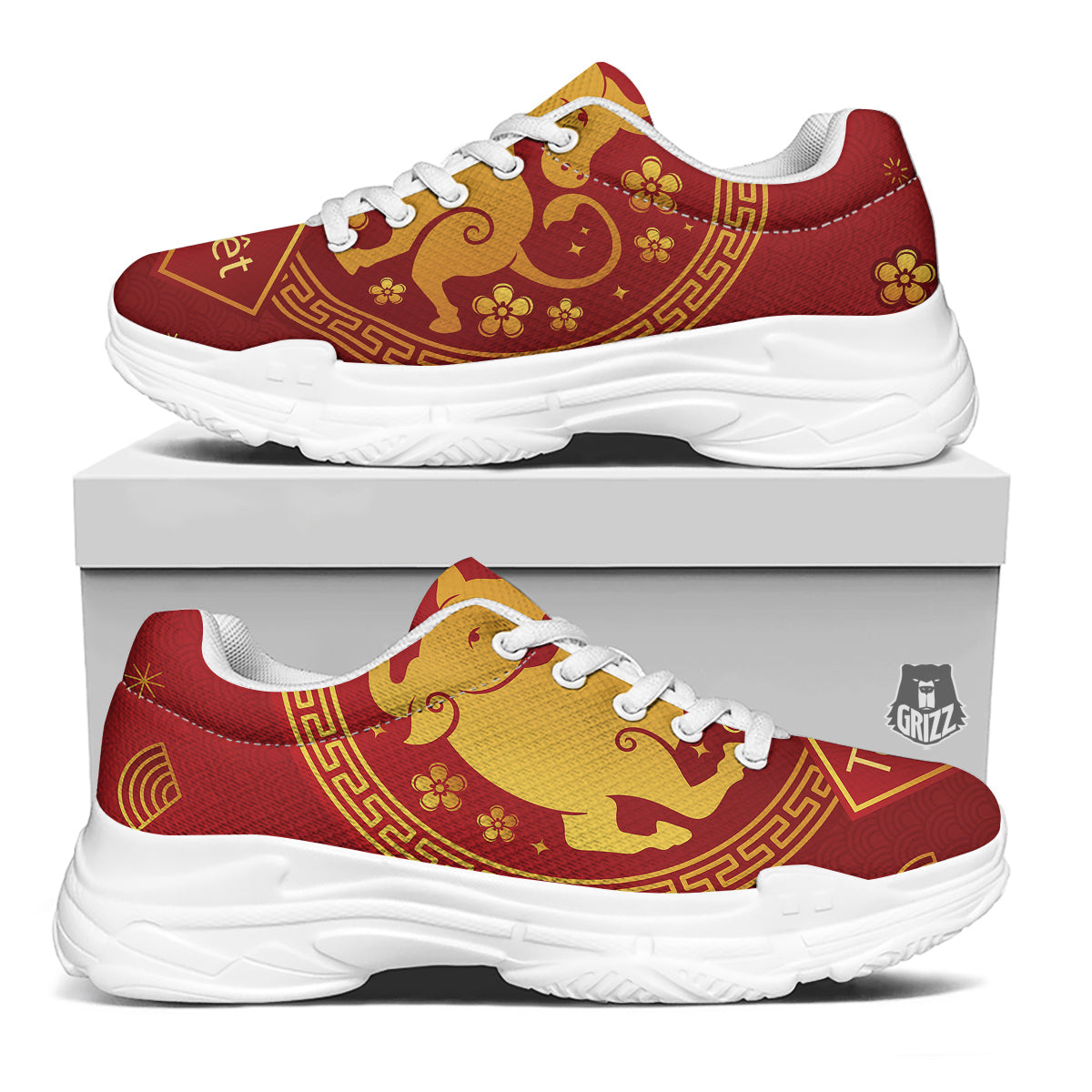 Zodiac Sign Chinese Ox Print White Chunky Shoes-grizzshop