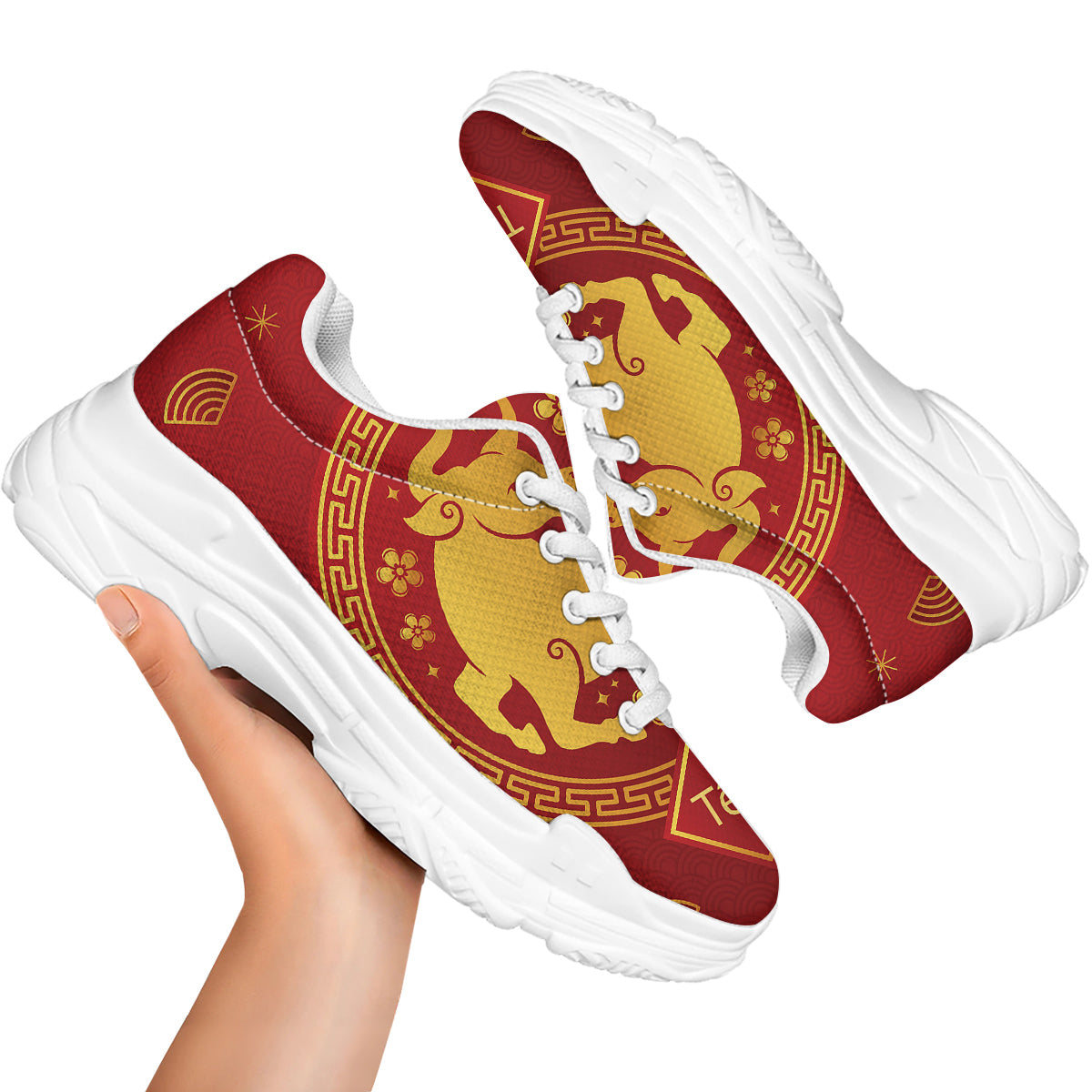 Zodiac Sign Chinese Ox Print White Chunky Shoes-grizzshop