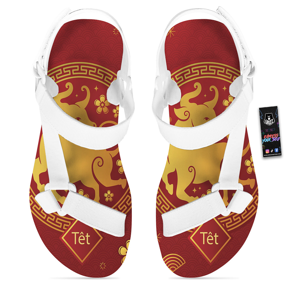 Zodiac Sign Chinese Ox Print White Open Toe Sandals-grizzshop