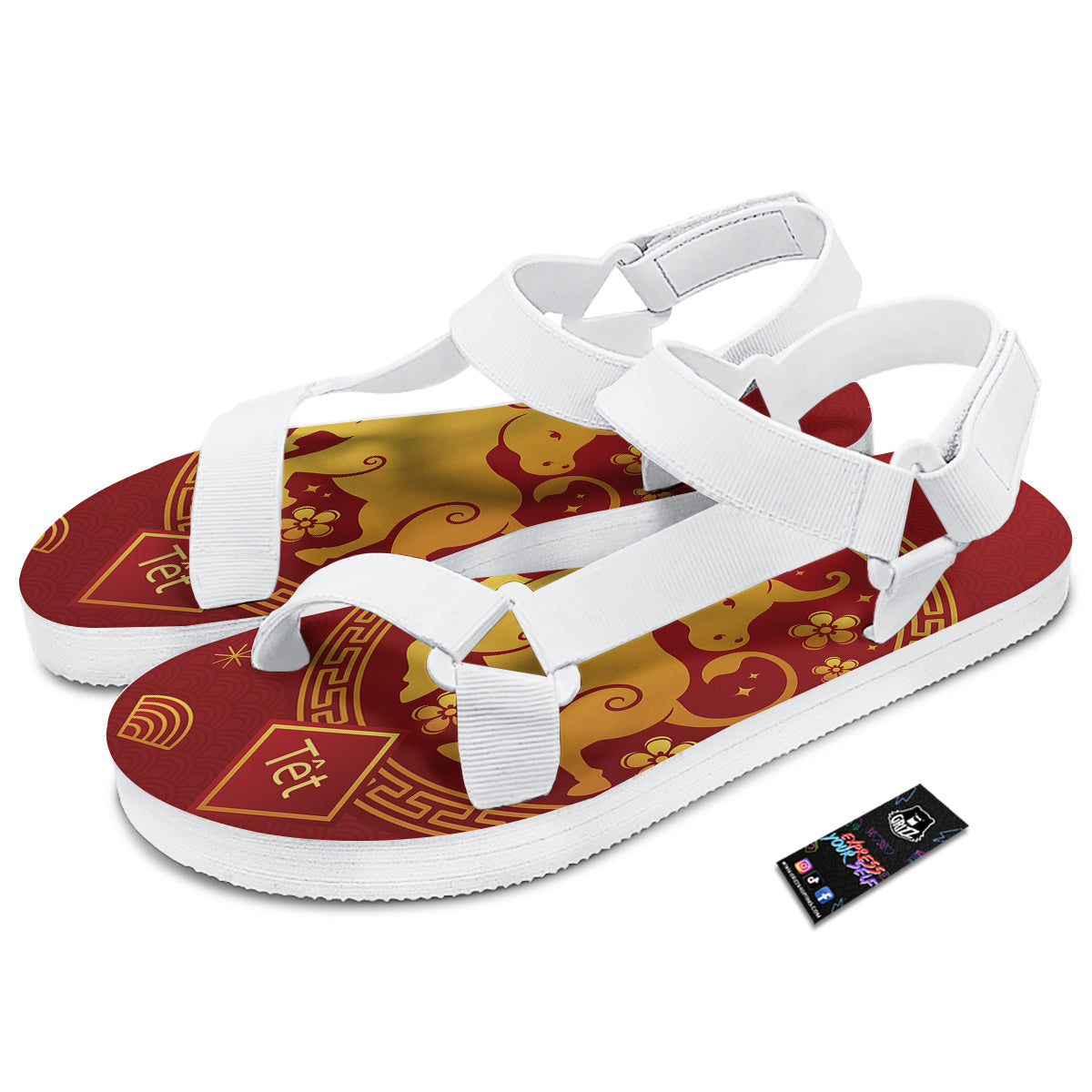 Zodiac Sign Chinese Ox Print White Open Toe Sandals-grizzshop