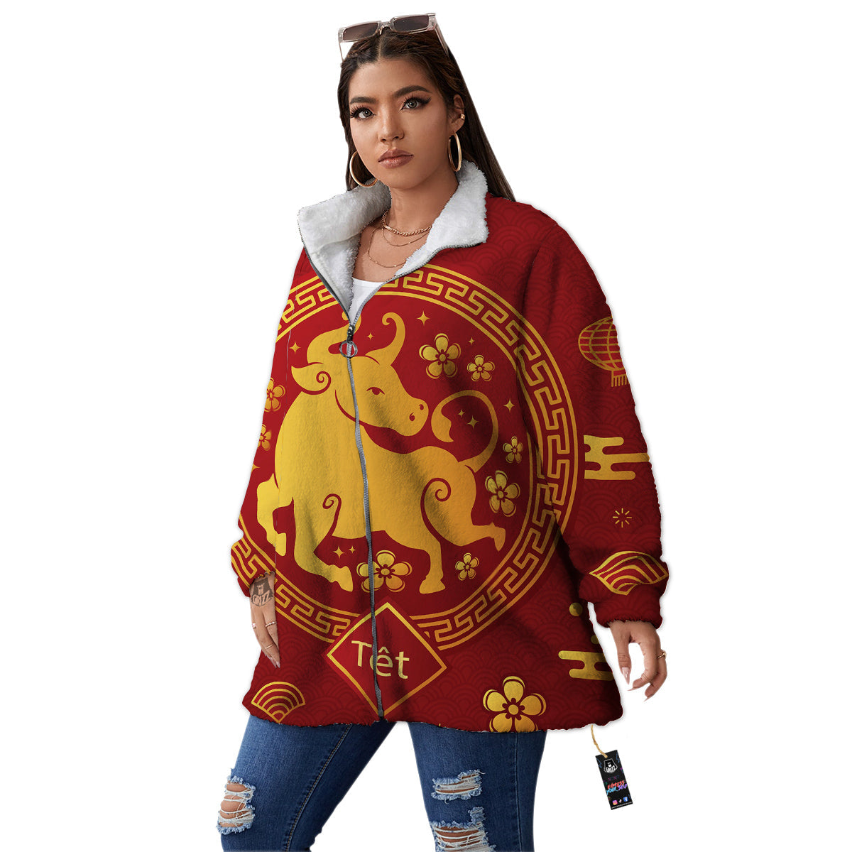 Zodiac Sign Chinese Ox Print Women's Sherpa Jacket-grizzshop
