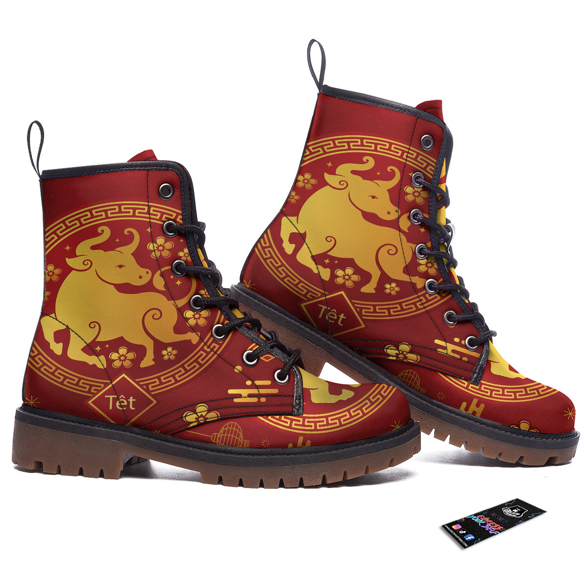 Zodiac Sign Chinese Ox Print Work Boots-grizzshop