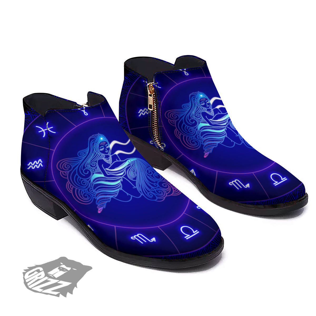 Zodiac Sign Dark Aquarius Print Ankle Boots-grizzshop
