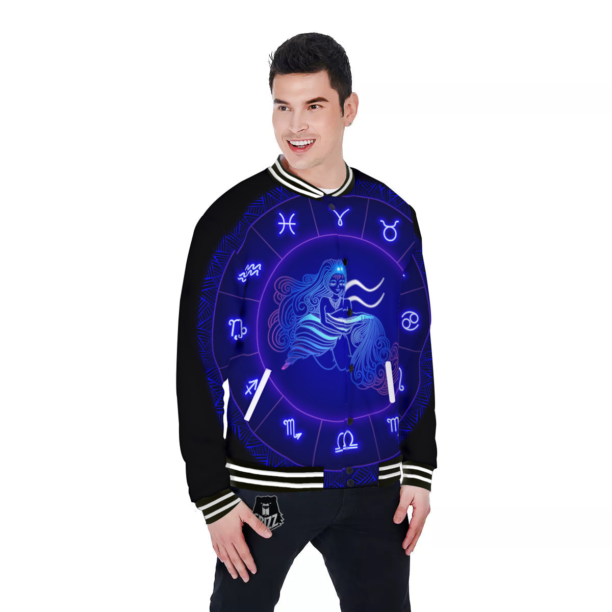 Zodiac Sign Dark Aquarius Print Baseball Jacket-grizzshop