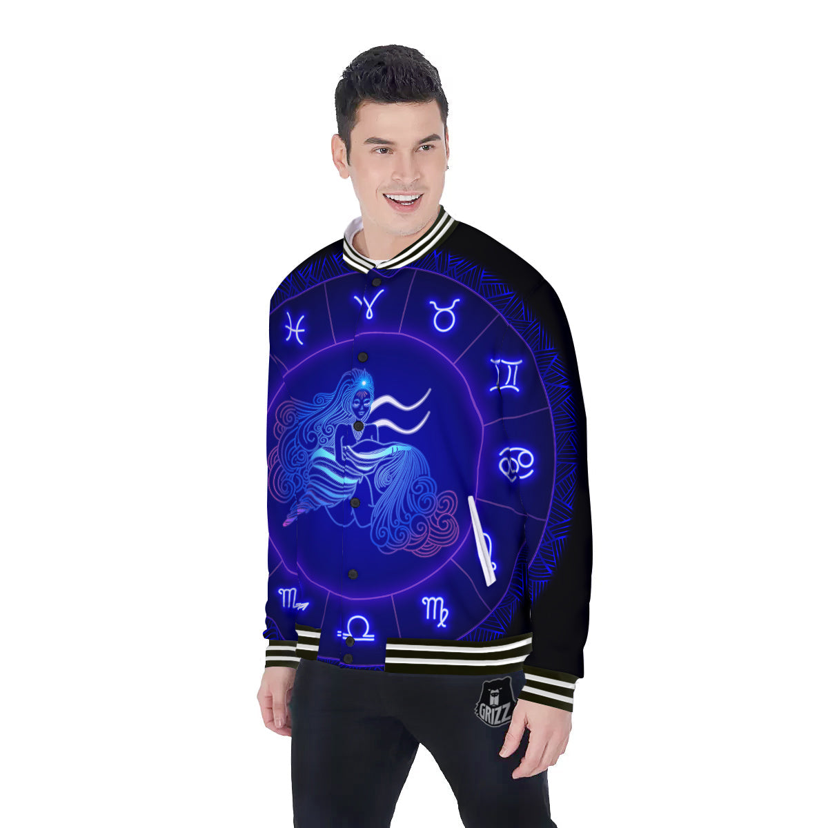 Zodiac Sign Dark Aquarius Print Baseball Jacket-grizzshop