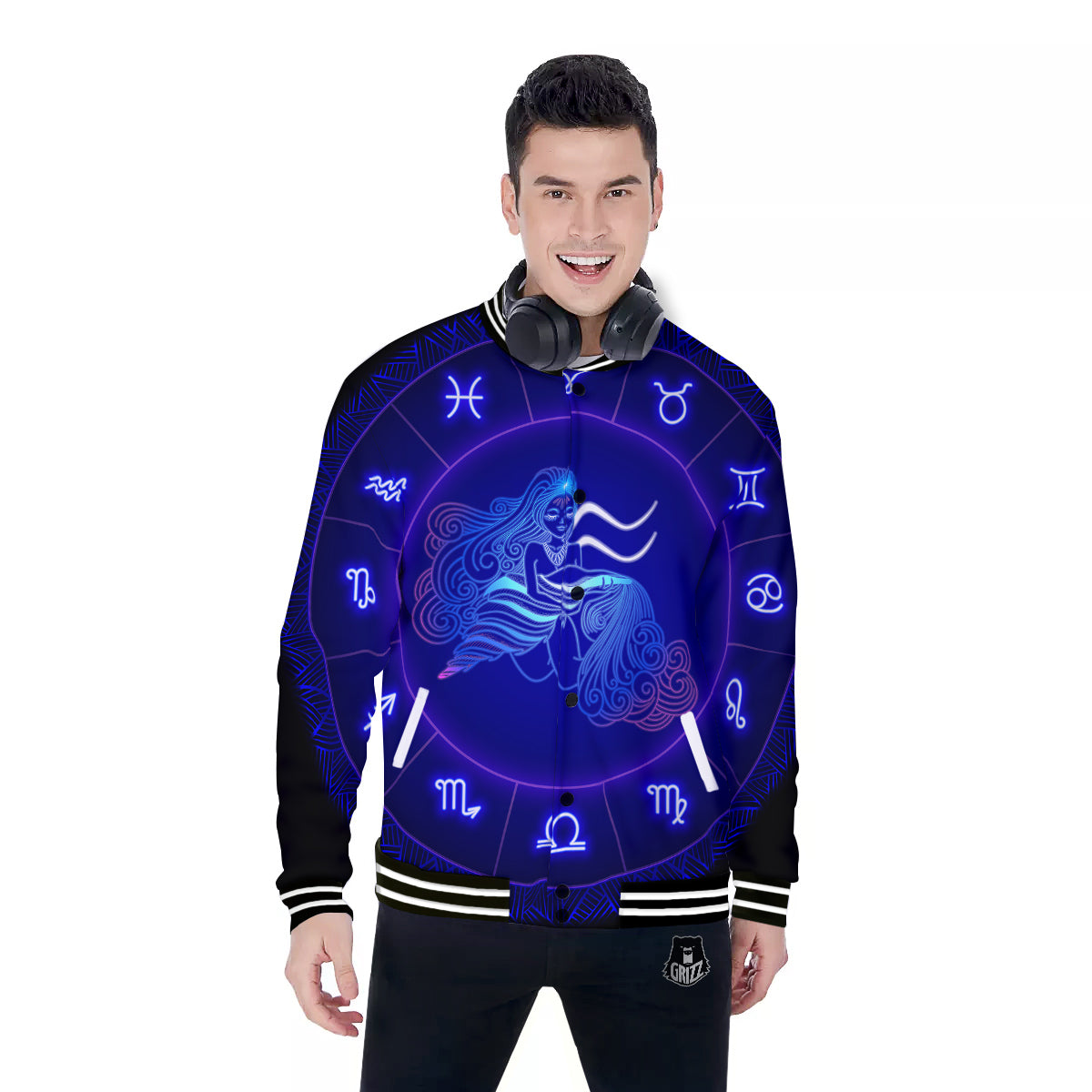 Zodiac Sign Dark Aquarius Print Baseball Jacket-grizzshop