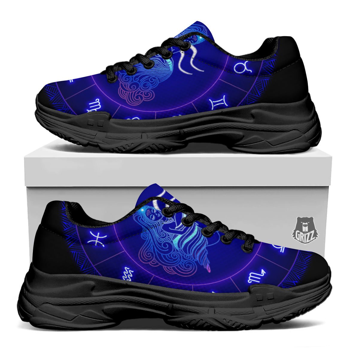 Zodiac Sign Dark Aquarius Print Black Chunky Shoes-grizzshop