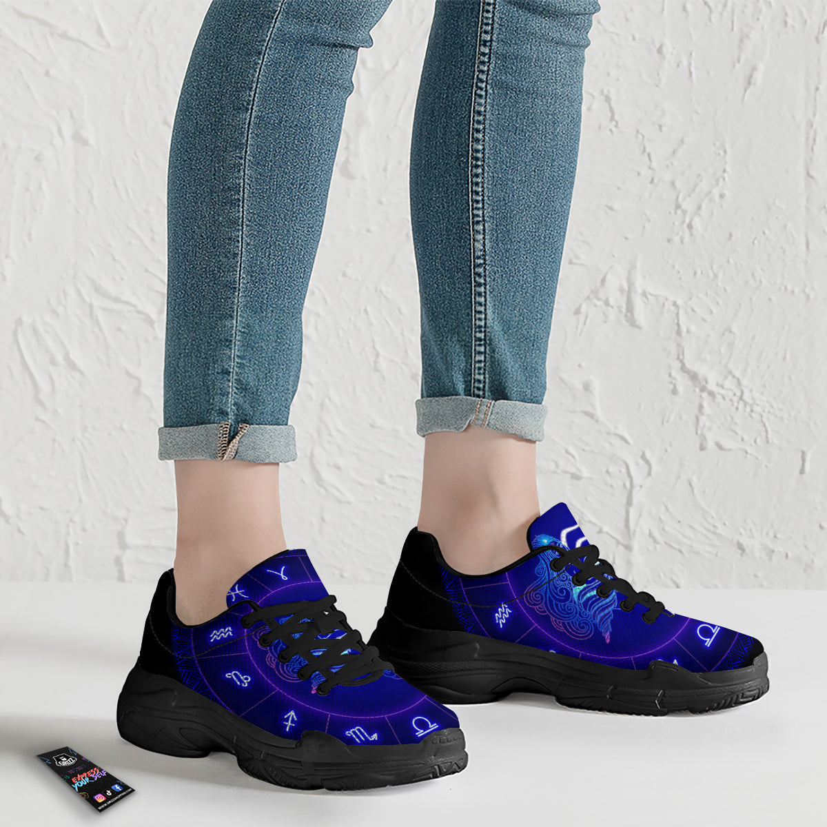 Zodiac Sign Dark Aquarius Print Black Chunky Shoes-grizzshop
