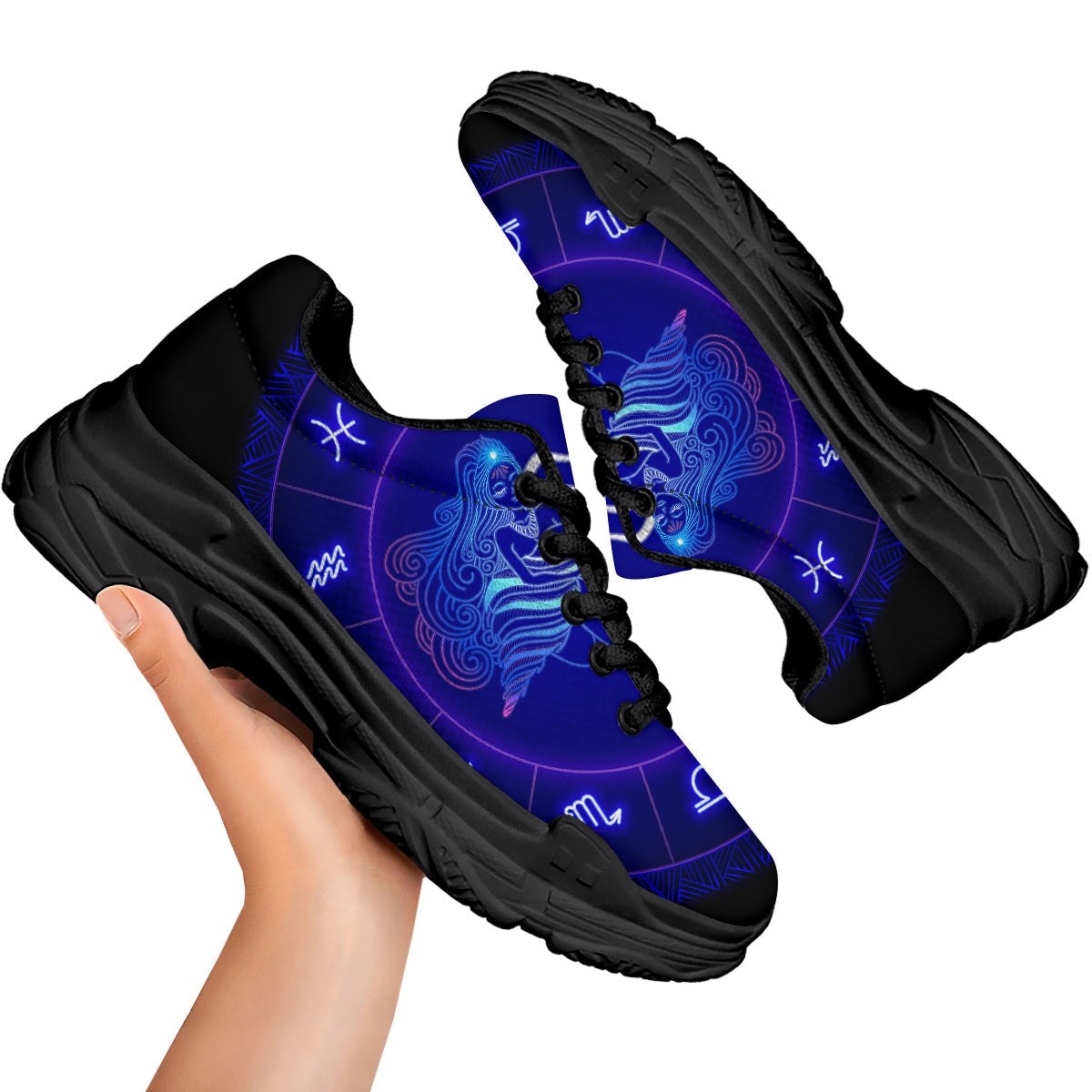 Zodiac Sign Dark Aquarius Print Black Chunky Shoes-grizzshop