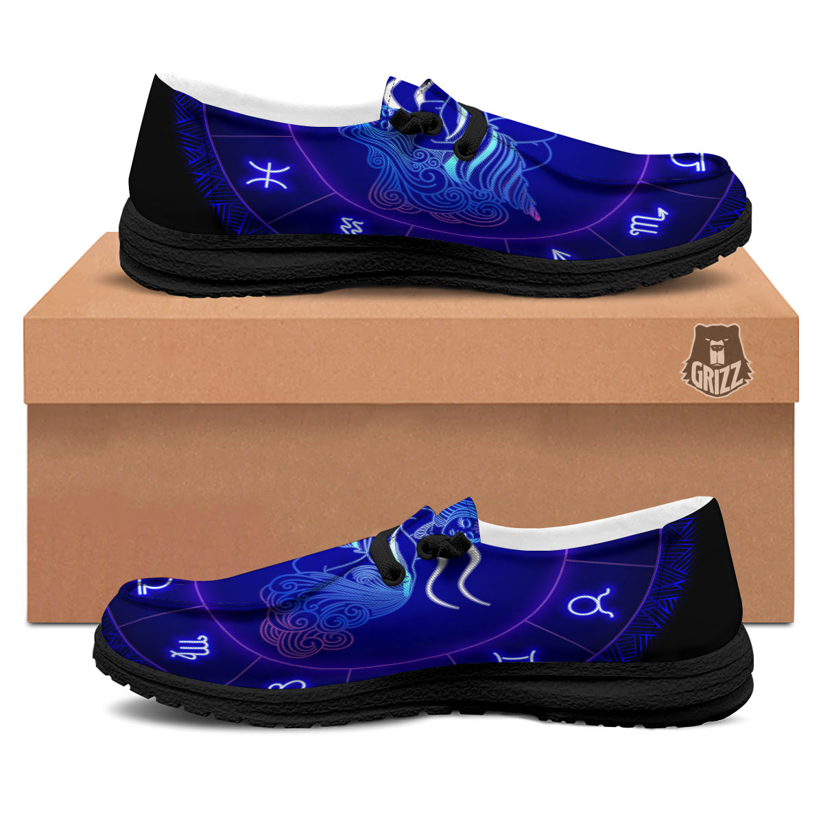 Zodiac Sign Dark Aquarius Print Black Loafers-grizzshop
