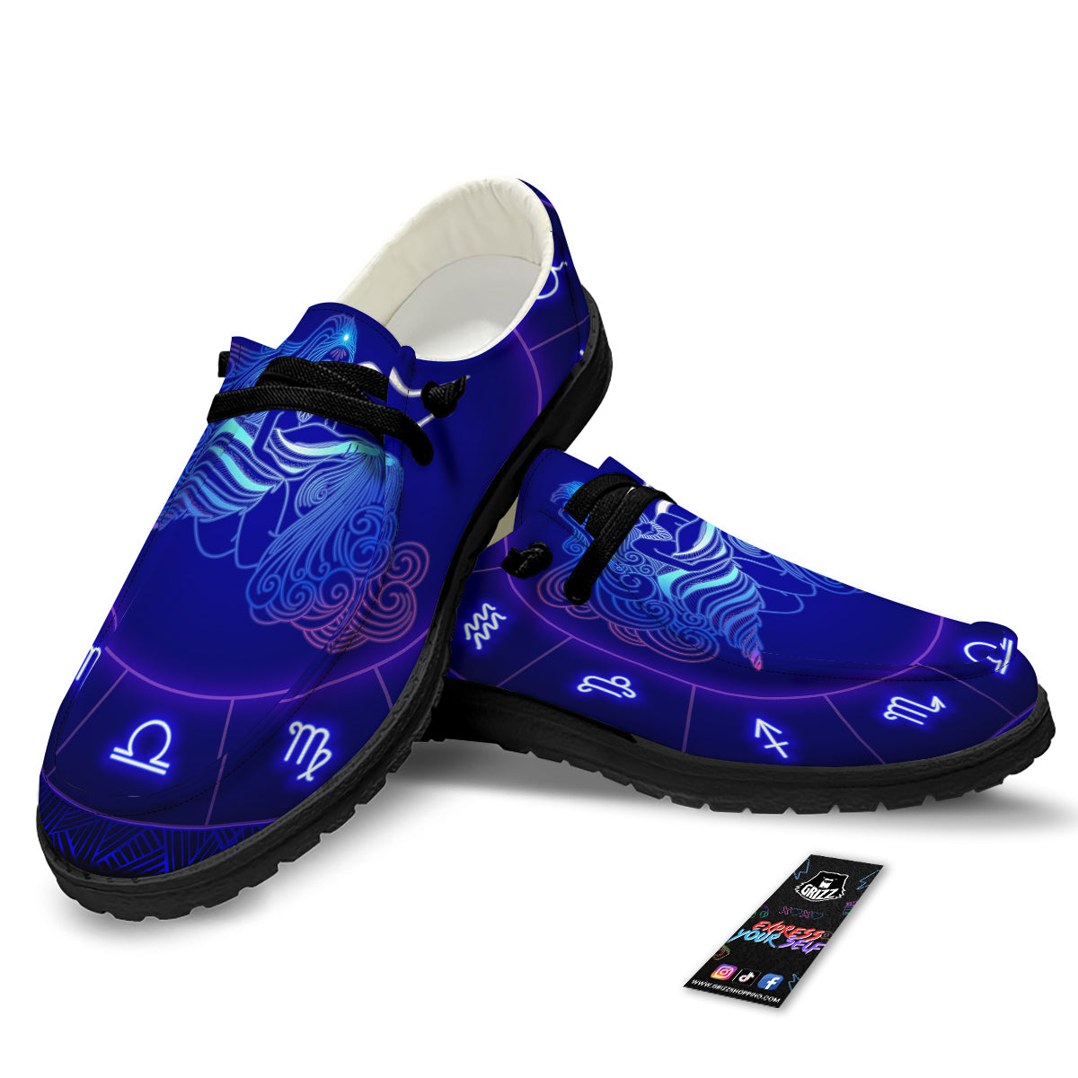 Zodiac Sign Dark Aquarius Print Black Loafers-grizzshop