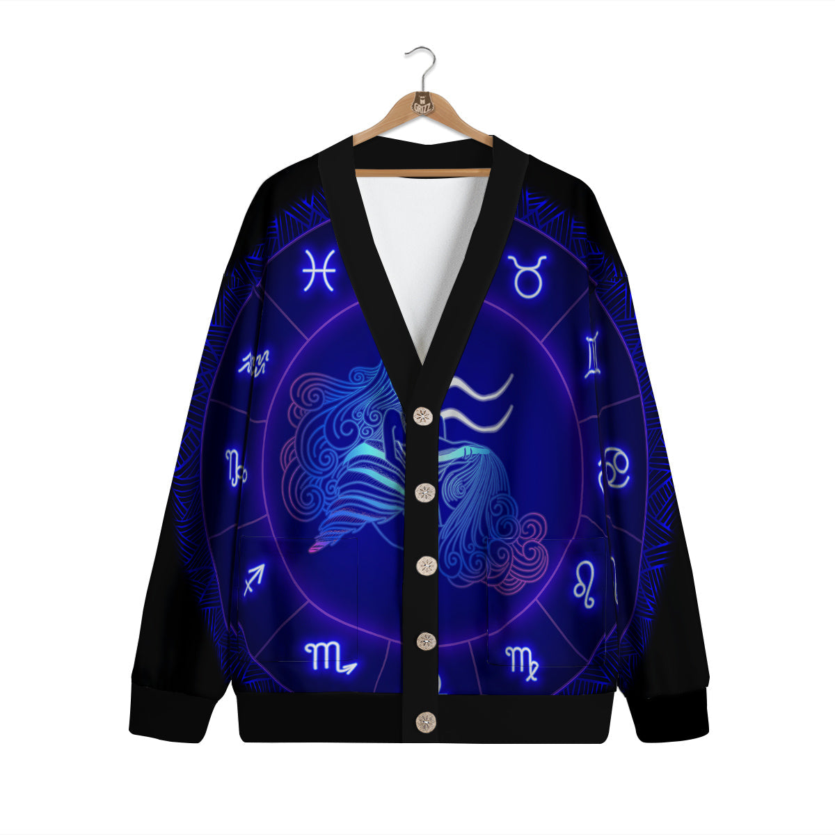 Zodiac Sign Dark Aquarius Print Cardigan-grizzshop